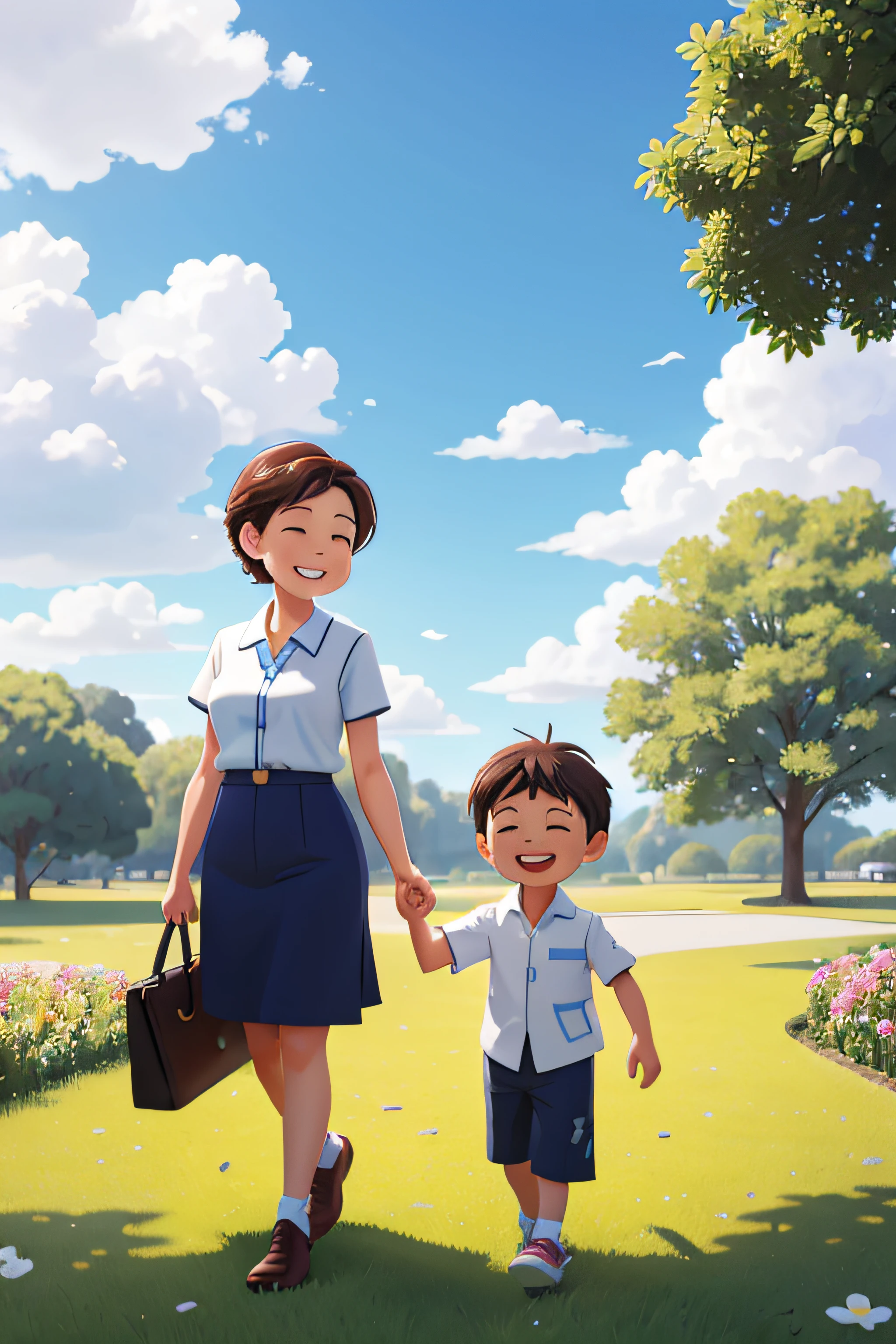 Overcome with love: In Park，with blue sky and white clouds，On the grass，2 people，A 6-year-old boy takes his grandmother's hand and walks together，Happiness knows no bounds，Happy expression