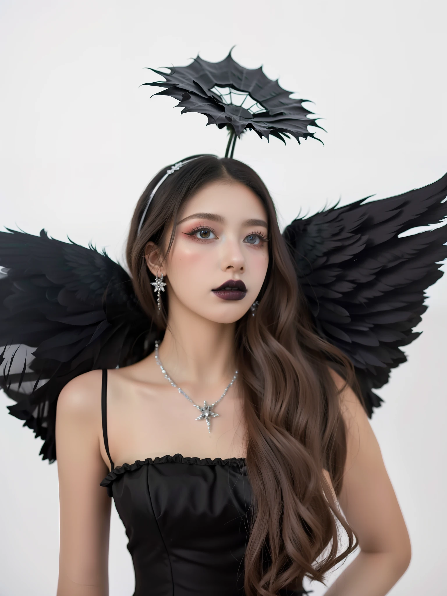 HighestQuali，tmasterpiece：1.2，Detailed details，1 Gothic girl，black lips，an angel dressed in black on a white background, in the style of cluj school, flowerpunk, halloween, social media portraiture, high quality photo, quito school, honeycor，black halo