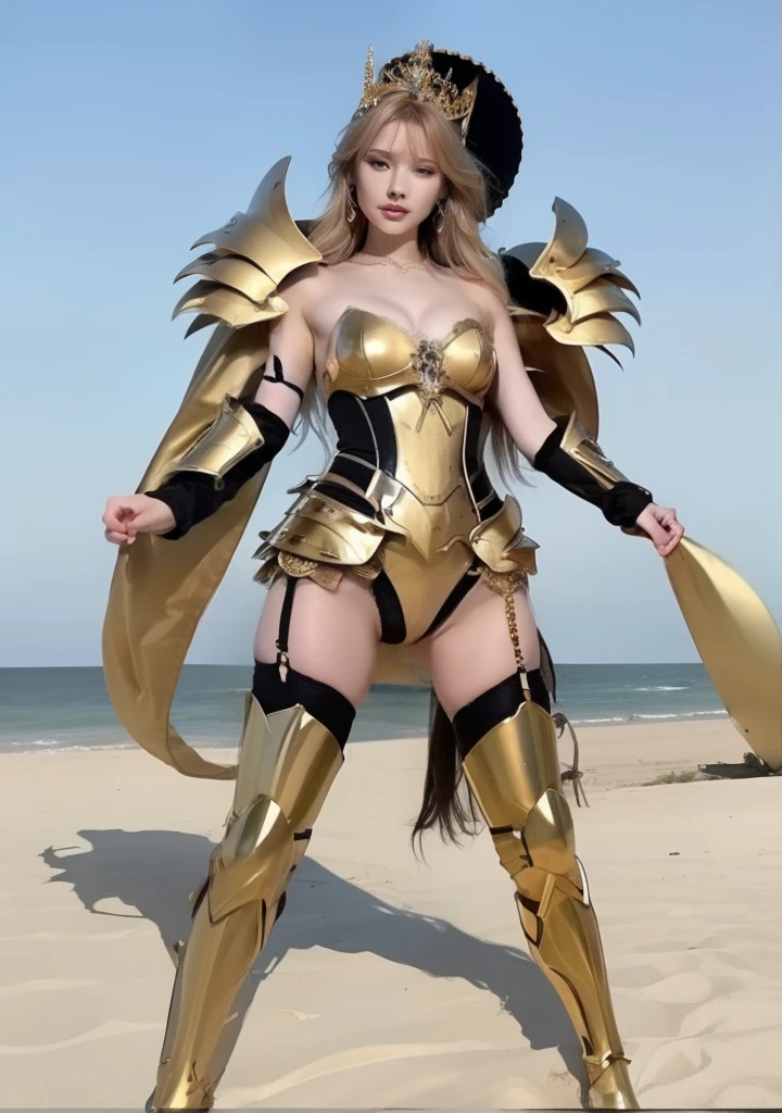 Fantasy woman covered by lions、、large full breasts、beautiful foot、、、Good Style、、、Gold Armor Dress、、Leg armor、diadems、Gorgeous blonde