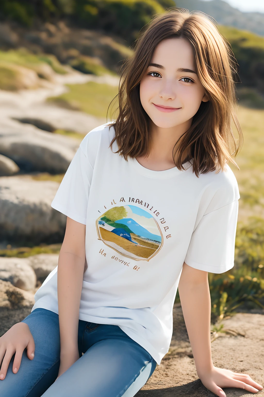La mejor calidad, Chica Adolescente Max Caulfield ,brown hair , ,. ,Cabello largo ,, Profundidad de campo,
, without smiling ,,, Camiseta blanca y jeans ,Mirando al espectador, sit Rocas de playa
