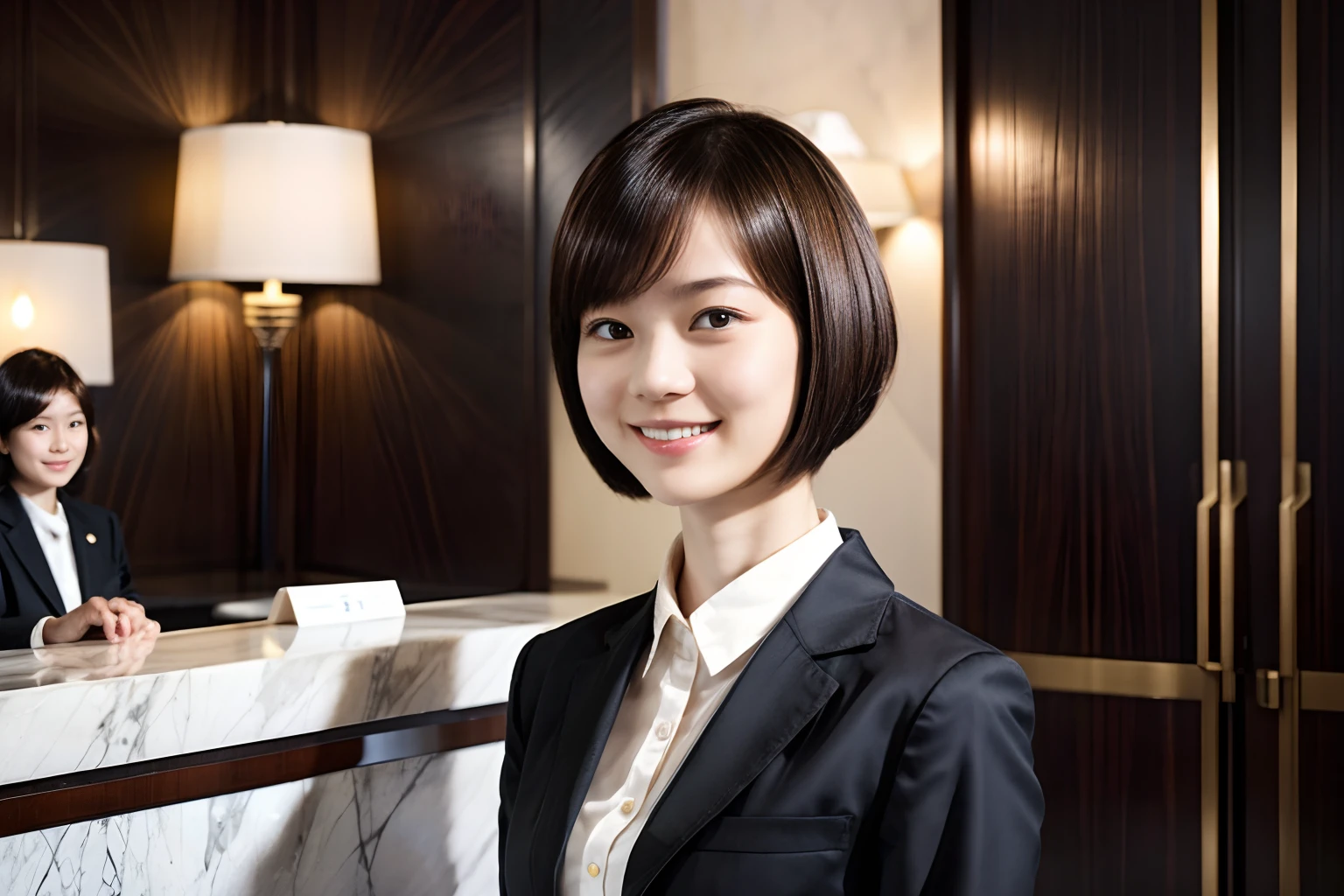 49
(An 18-year-old woman), (A hyper-realistic), (masutepiece), Short bob cut, Concierge at the hotel reception, kindly smile