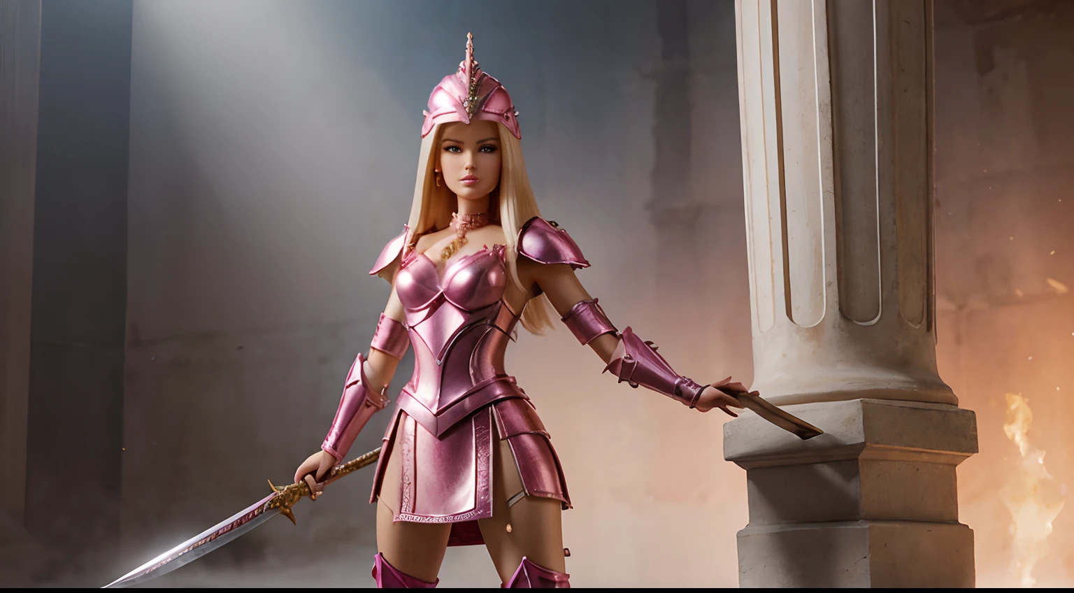 tmasterpiece，High-definition CG diagram，beautiful barbie female warrior，One hand holds a sword，Helmet in one hand，Oversized models，Detailed eyes and face，Tall figure，The blonde，All pink armor clothing，Over-the-knee pink boots，Brilliant armor colors，Exquisite decoration，Charming temperament，Tall figure