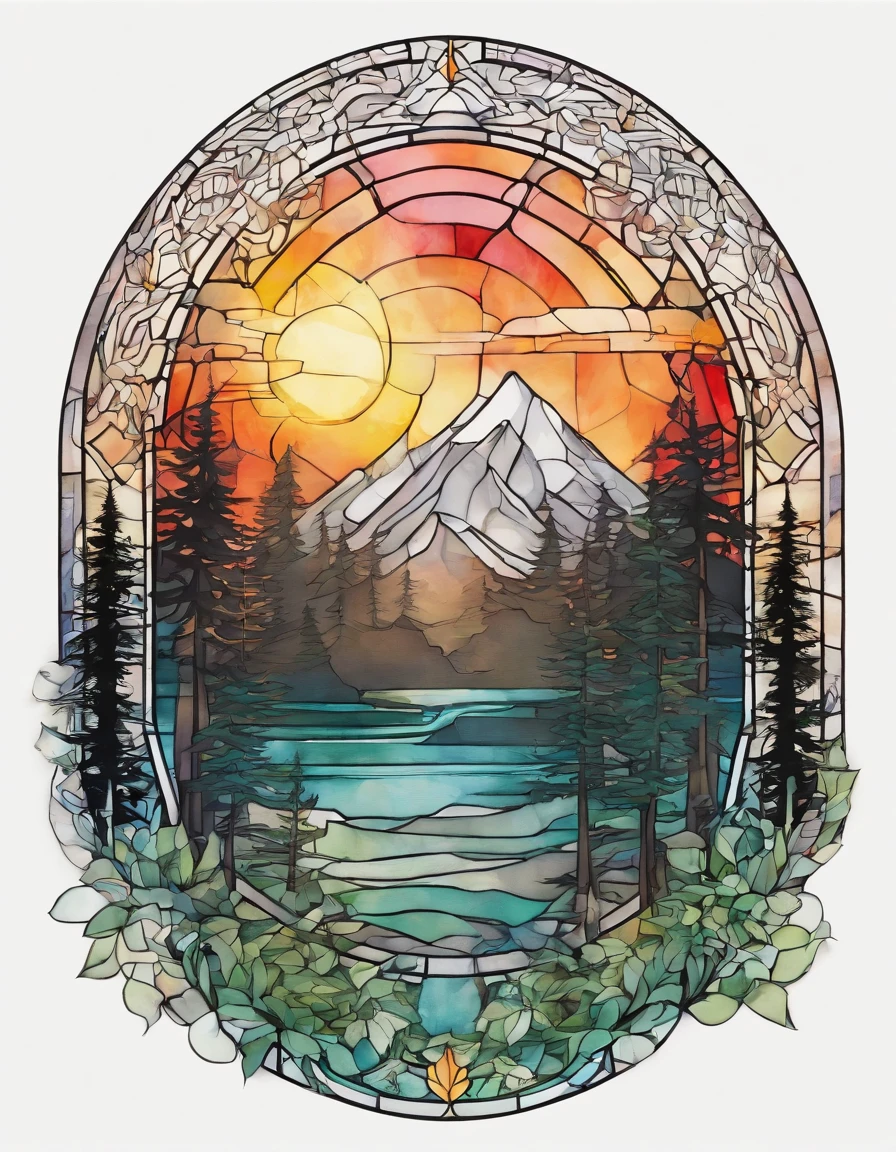 minimalistic tattoo design,pine forest,sunset,sun rays between trees,occult,black,white,red,yellow,(best quality,4k,8k,highres,masterpiece:1.2),ultra-detailed,realistic:1.37,black ink line art,subtle shading,exquisite details,serene atmosphere,mysterious aura,perfectly balanced composition,vivid colors,abstract symbolism,dark and light contrast,ethereal feel,lush greenery,tranquil setting,sublime beauty