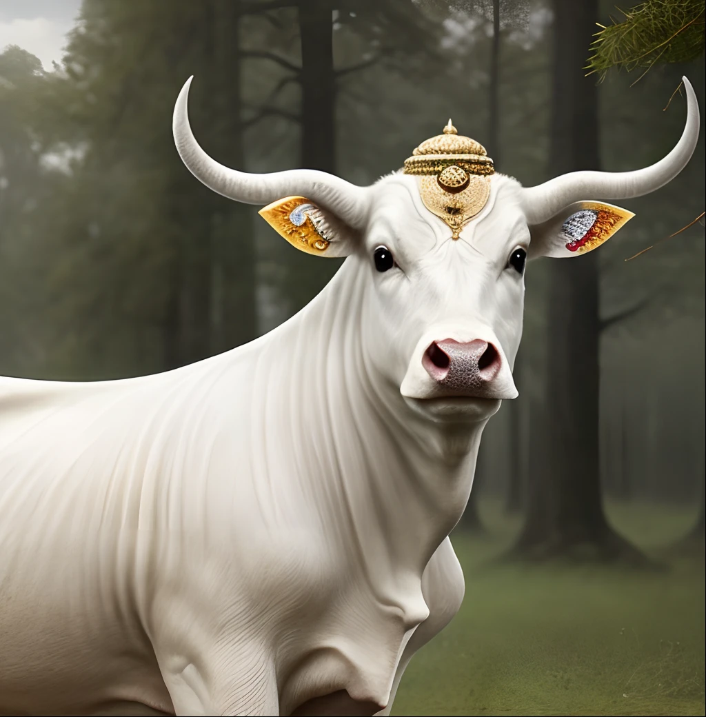 A decorated divine white cow, near a hindu sage, guru with curly matty hair, background a hut and woods, realistic view, ornaments, hindu mythology, indian style, indian mythology, kamdhenu, hinduism