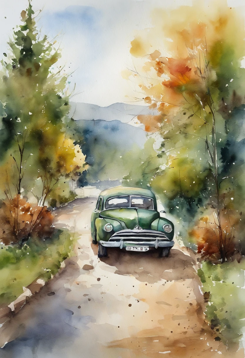 Watercolor painting of the landscape, view over city, wetfloor, vehicles, , Small bungalow