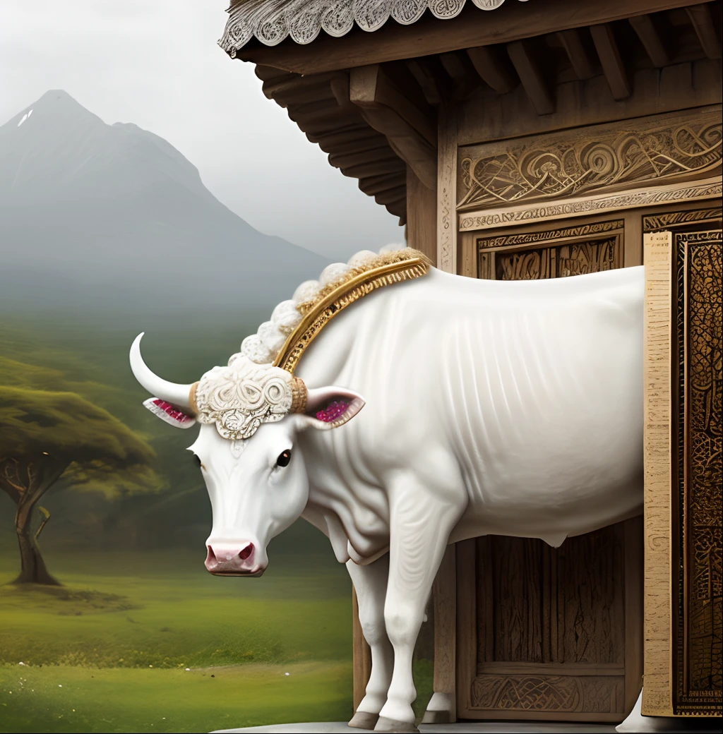 A decorated divine white cow, near a hindu sage, guru with curly matty hair, background a hut and woods, realistic view, ornaments, hindu mythology, indian style, indian mythology, kamdhenu, hinduism