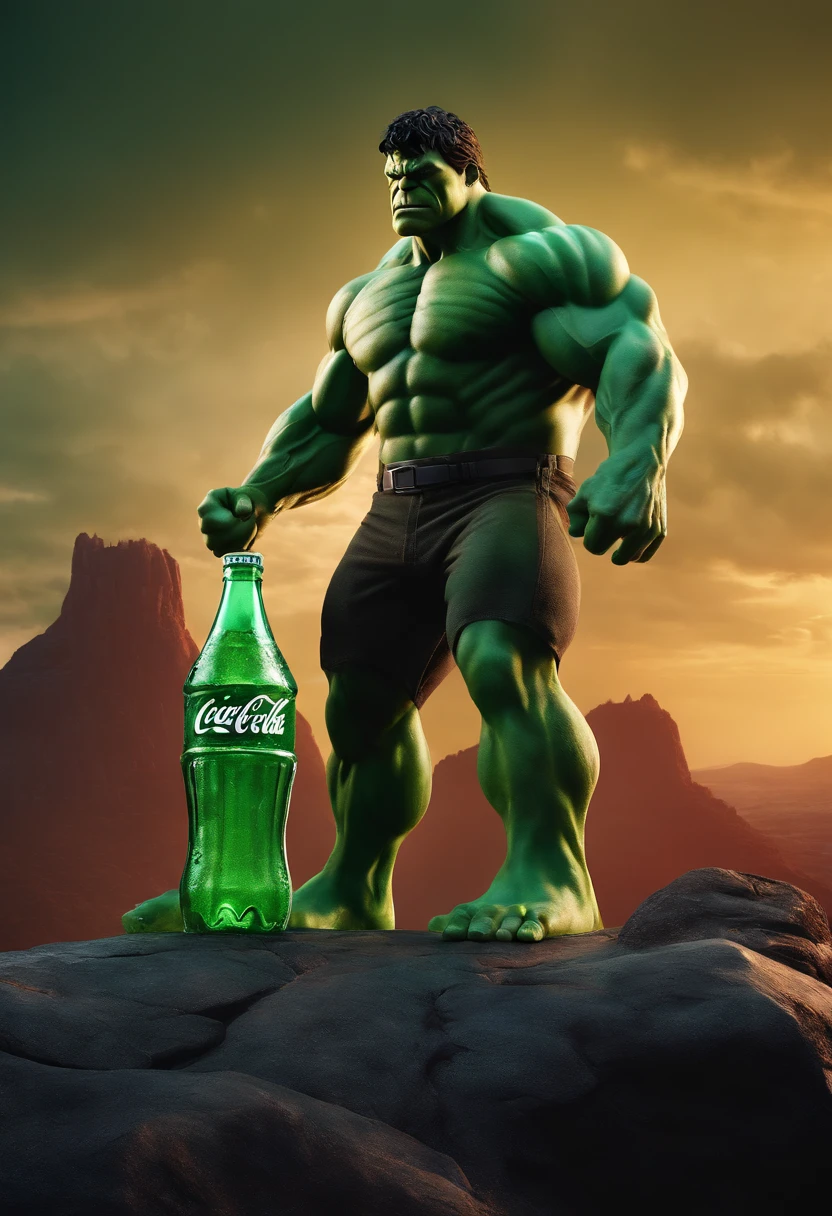 best quality,ultra-detailed,realistic,professional,Hulk on a mountain,Hulk with a scary angry face,a broken Coca-Cola bottle in Hulk's hand,a flattened Coca-Cola bottle under Hulk's feet,modern cinematic view,3D rendering,color harmony,light and shadow,gradient colors,reflections,metallic finish,shiny surface,sleek lines,unique shape,bold and dynamic,striking visual impact,high contrast,colorful composition,masterpiece