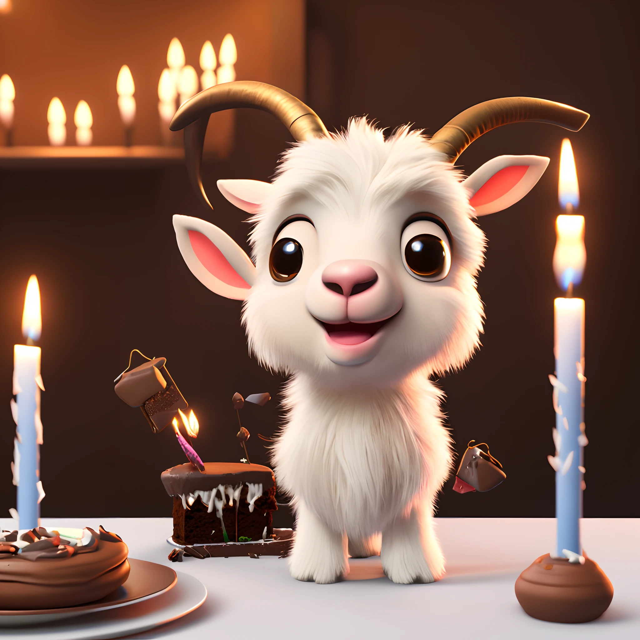 Cute adorable little goat waving and smiling greeting me with a great chocolate cake with bday candles, unreal engine, cozy interior lighting, art station, detailed digital painting, cinematic, character design by mark ryden and pixar and hayao miyazaki, unreal 5, daz, hyper realistic, octane render, 3DMDT1