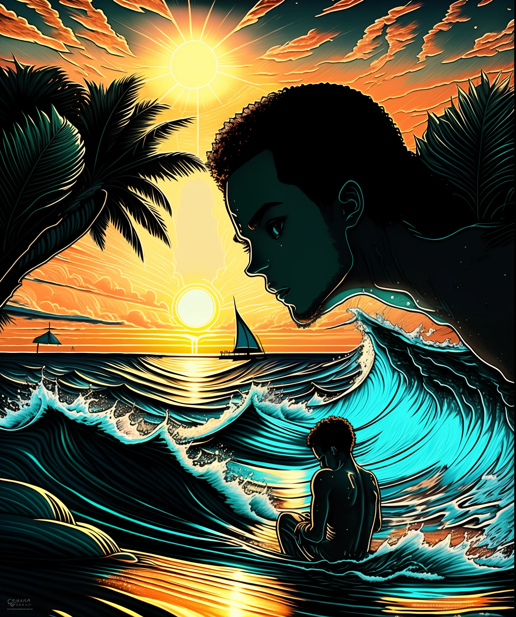Criar uma foto realista de um jovem negro tomando banho de sol numa praia deserta na lua