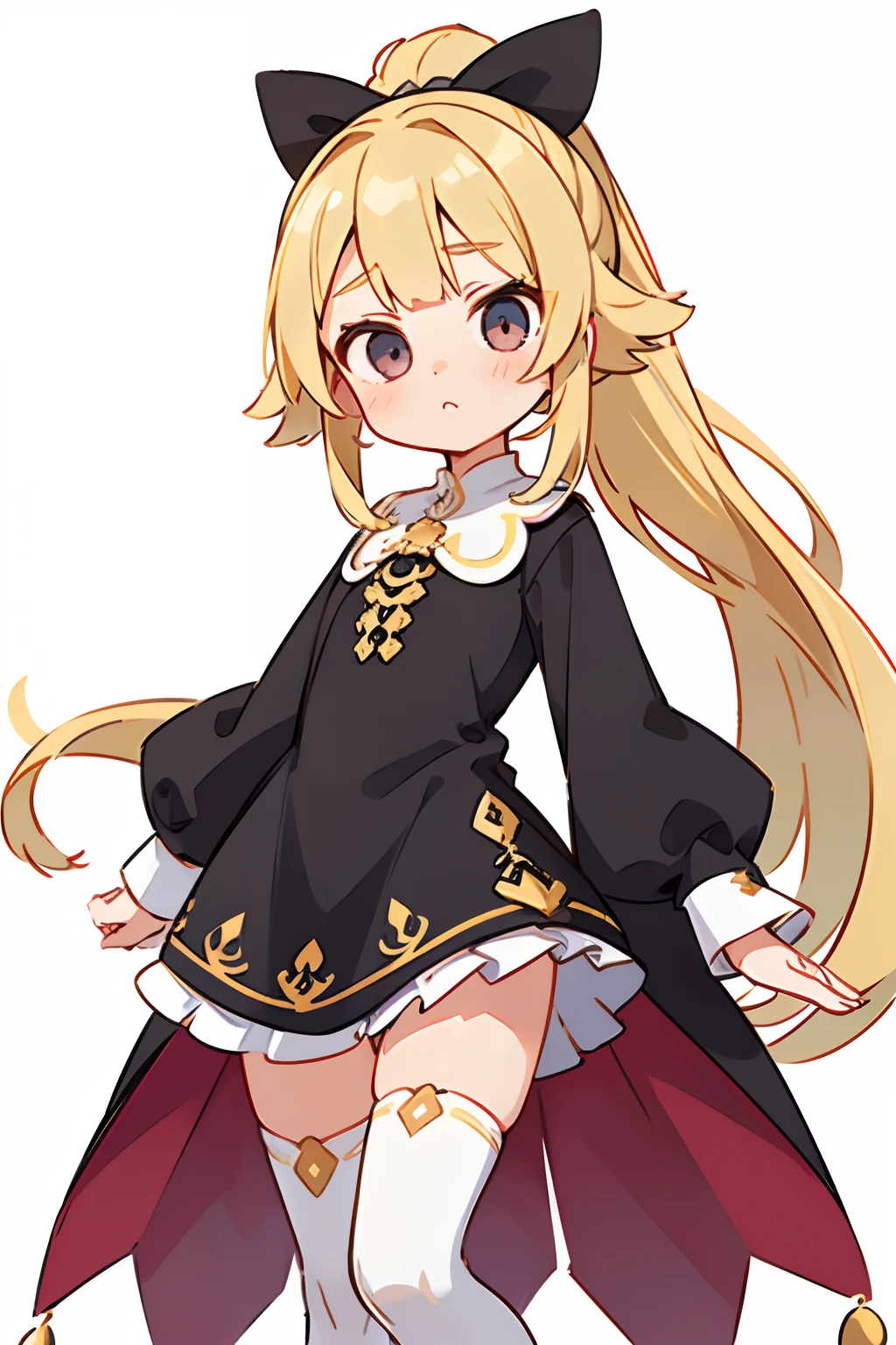1GIRL, cute girl, finely detailed, (best quality), (intricate details), cute style, loli, multicolored, ((long blonde hair in long ponytail)), best quality, ((short puffy long sleeve dress)), ((black dress)), ((white thigh high socks)), ((round eyes)), beautiful face, cute face, pinup, perfect face, simple background