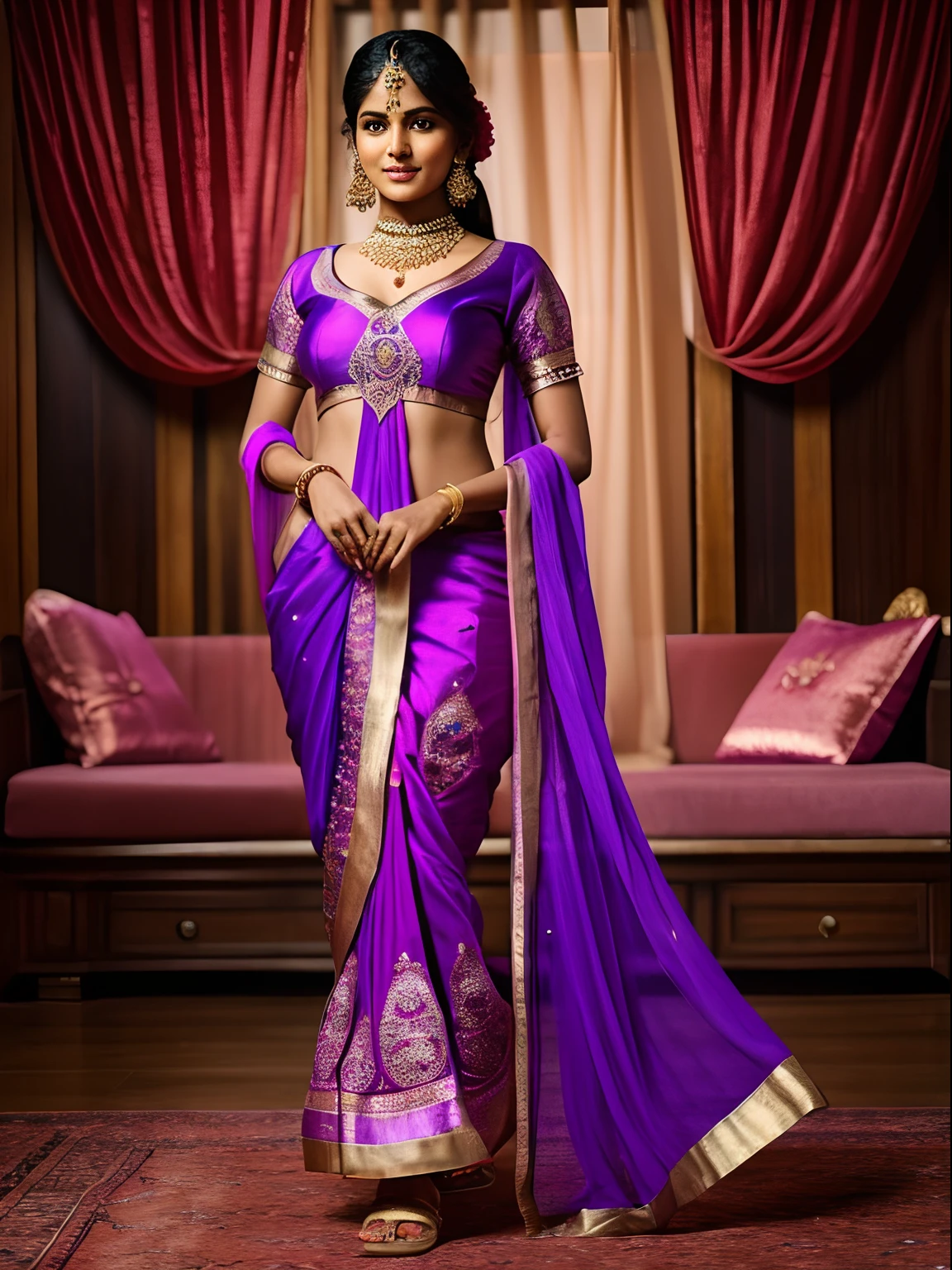 Indian woman、Female sexy、Indian traditional costume in purple, 8k, surrealism, ultra HD, Standing, full body,