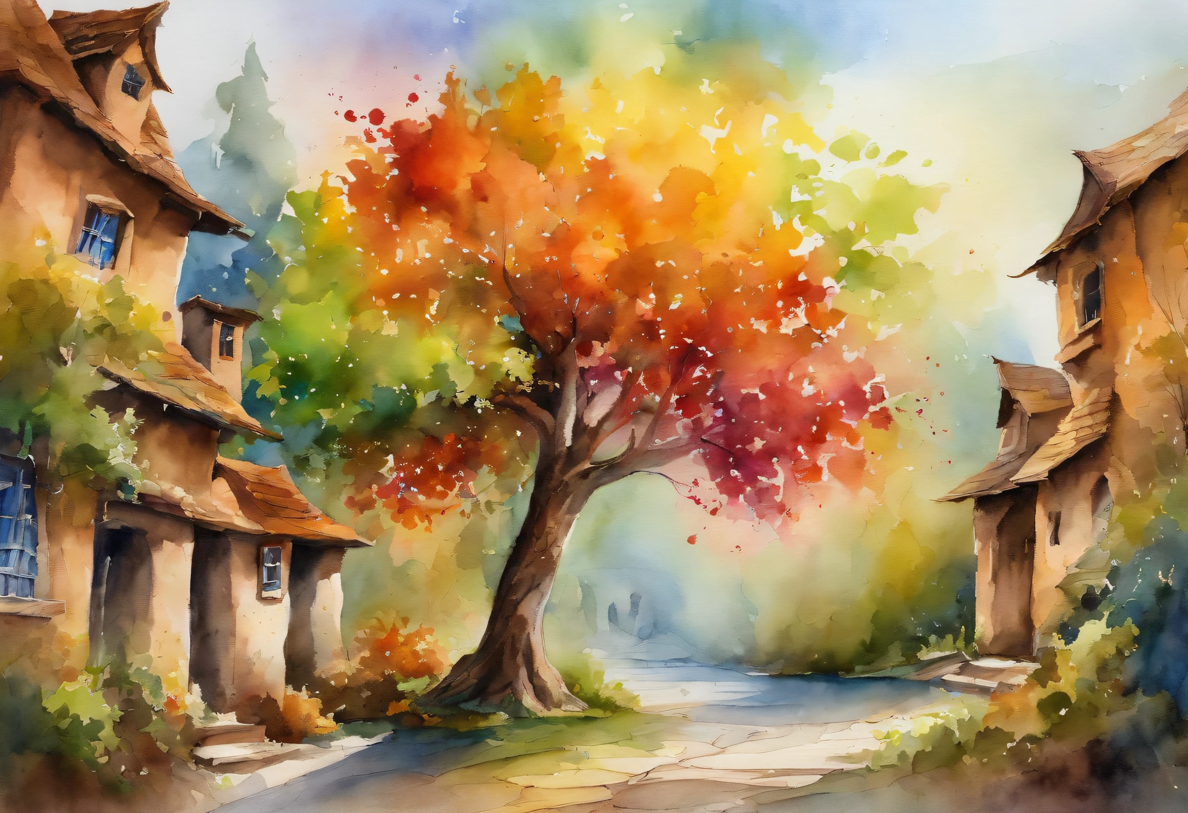 "A towering tree with vibrant rainbow-colored leaves, casting its majestic shadow over an enchanting fantasy village."