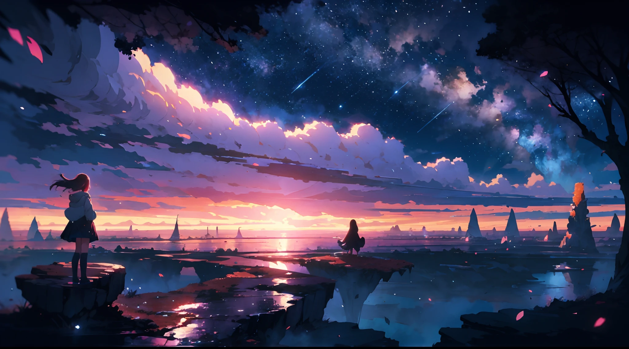 Anime girl standing on a rock、Stargazing, makoto shinkai cyril rolando, anime art wallpaper 4k, anime art wallpaper 4k, Anime art wallpaper 8k, by makoto shinkai, inspired by Cyril Rolando, in the style dan mumford artwork, amazing wallpapers, by Yuumei
