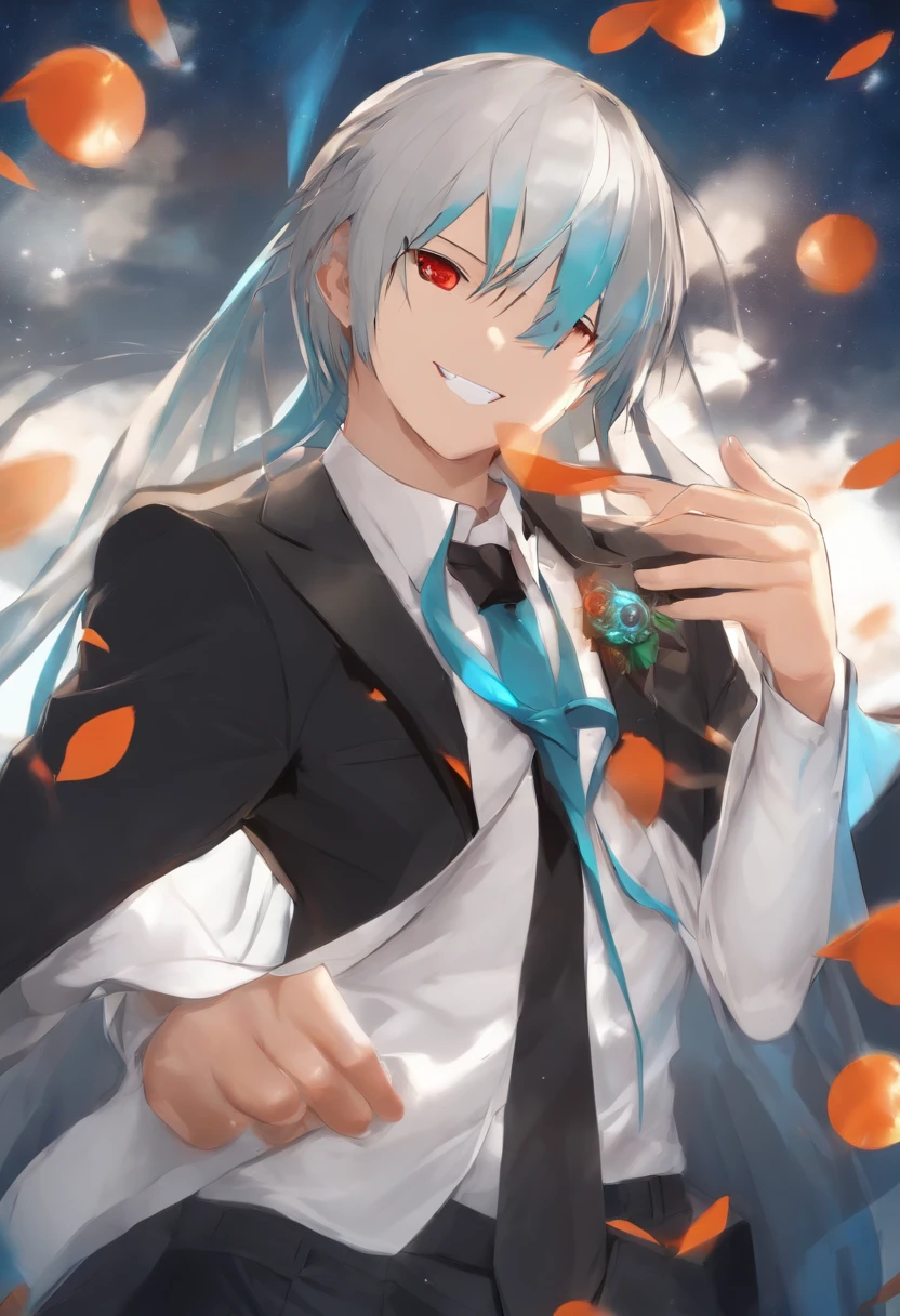 masutepiece, Hatsune Miku, White shirt, Blue tie, Bare shoulders, separated sleeves, Evil Smiley Face, Dark skin, Red Eyes, Black eyes, Pupil orange,