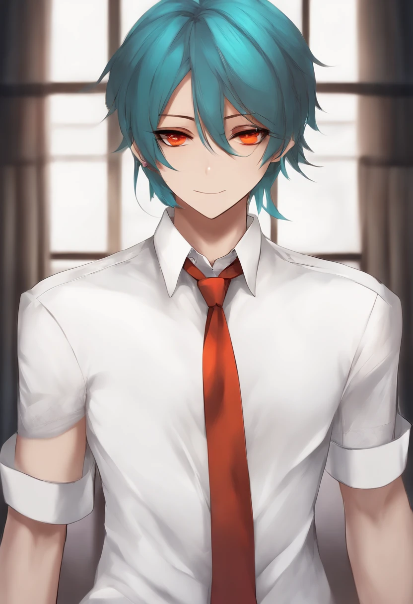 masutepiece, Hatsune Miku, White shirt, Blue tie, Bare shoulders, separated sleeves, Evil Smiley Face, Dark skin, Red Eyes, Black eyes, Pupil orange,