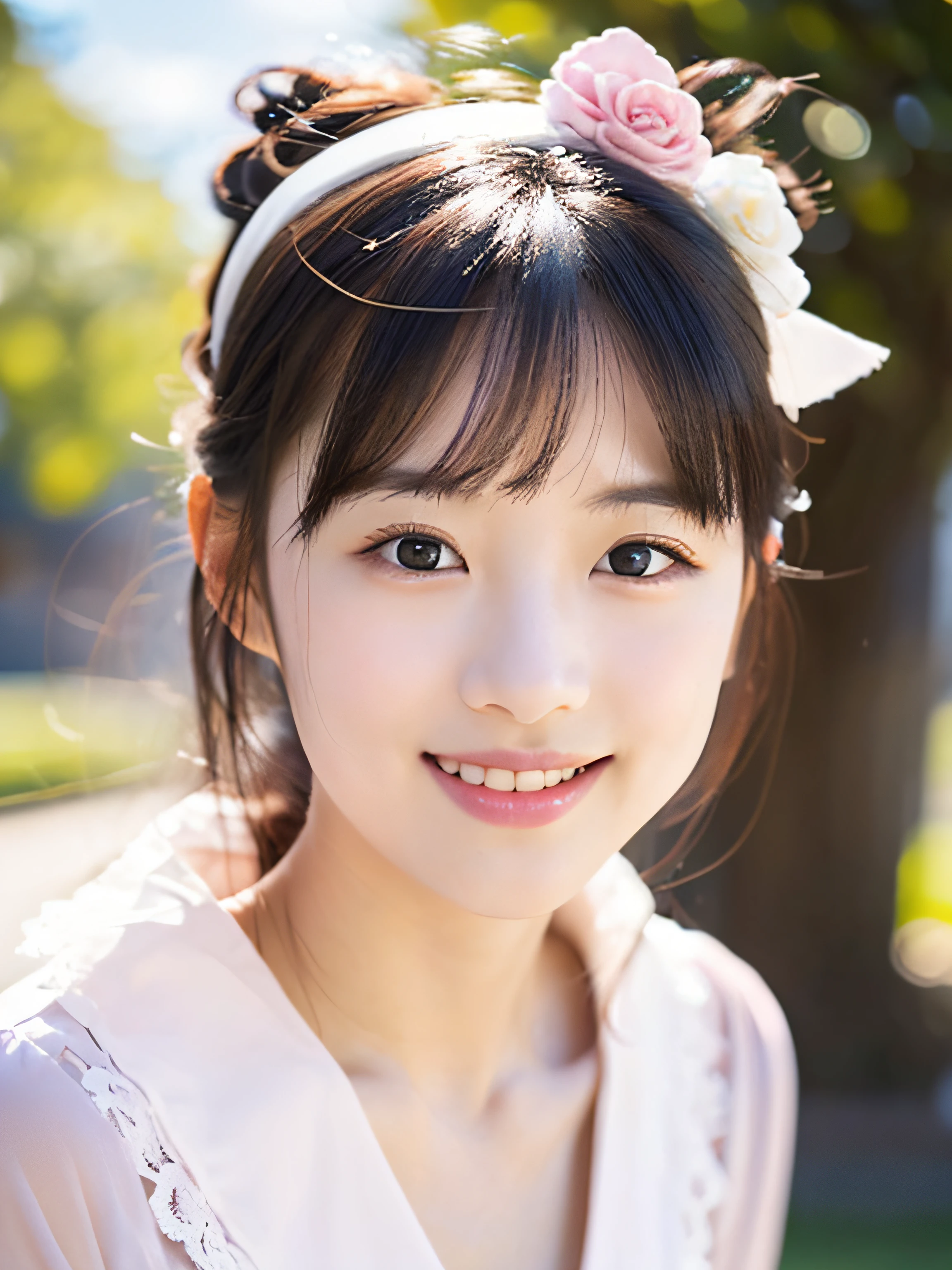 girl, Blue sky and white clouds, Happy, Happy, Reddish cheeks, Black hair, Wearing a pink bow headband, Perfect quality, Clear focus (clutter - home: 0.8), (masutepiece: 1.2) (Realistic: 1.2) (Bokeh) (Best Quality) (Detailed skin: 1.3) (Intricate details) (8K) (Detail Eyes) (Sharp Focus), (Happy)