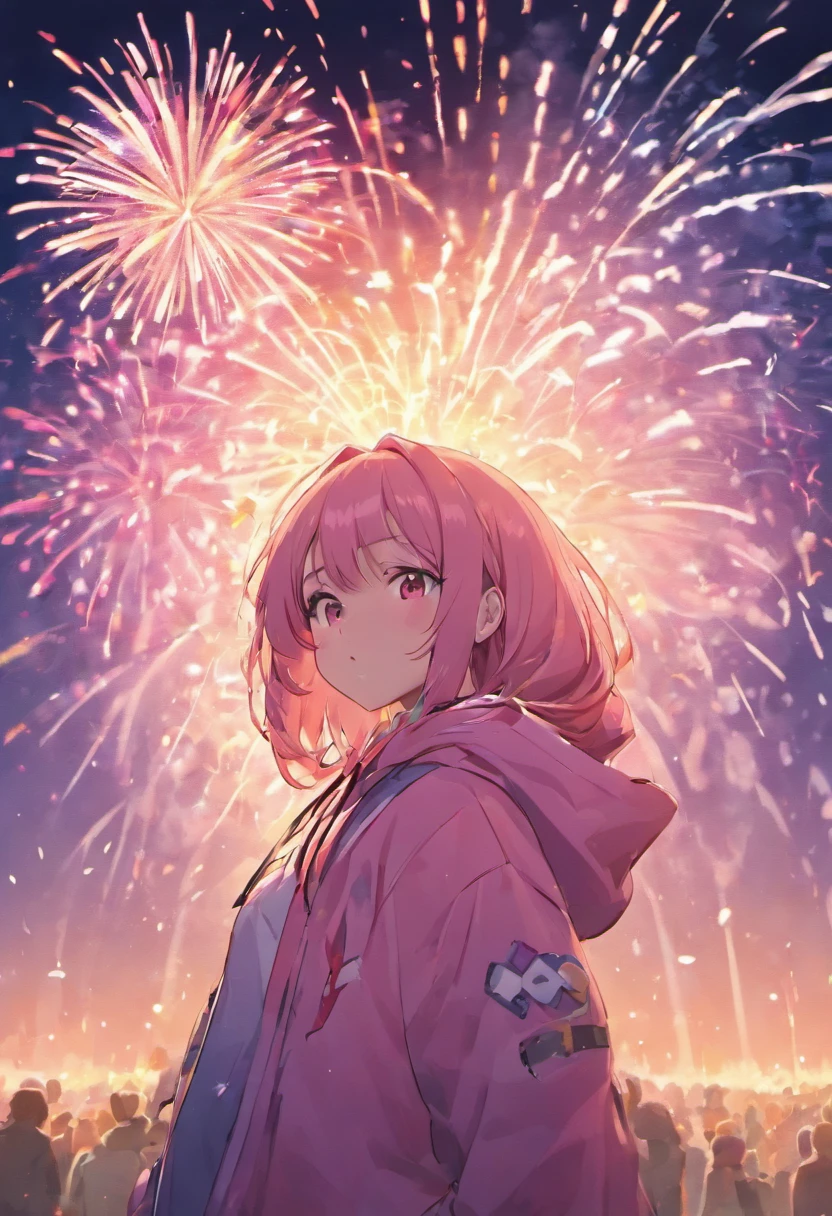 Anime girl with pink hoodie and fireworks background, anime style 4 k, nightcore, Cute anime girl, anime art wallpaper 4k, anime art wallpaper 4k, splash art anime , anime wallaper, Cute art style, anime style illustration, sparklers, [ Fireworks in the sky ]!!, Anime style. 8K, (Anime Girl)