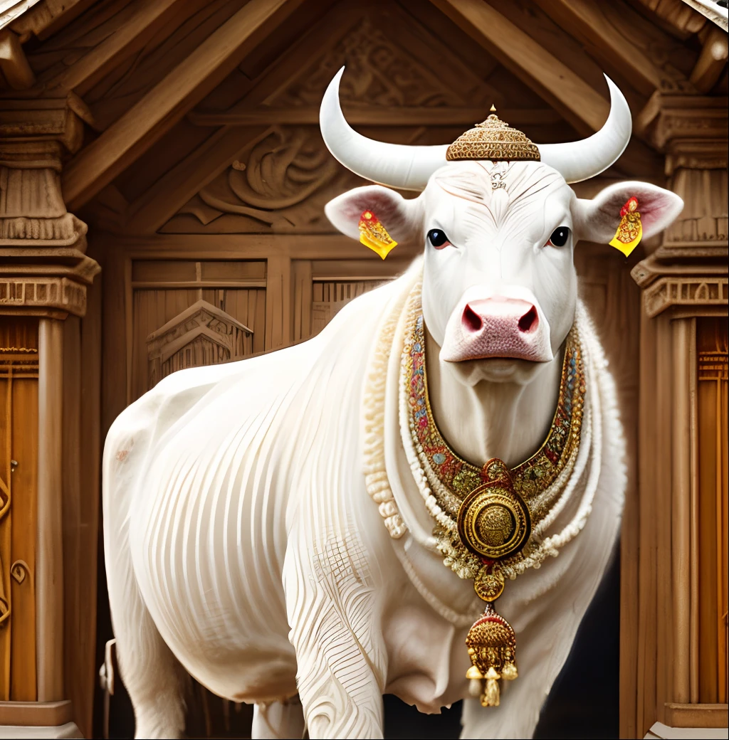 A decorated divine white cow, near a hindu sage, guru with curly matty hair, background a hut and woods, realistic view, ornaments, hindu mythology, indian style, indian mythology, kamdhenu, hinduism