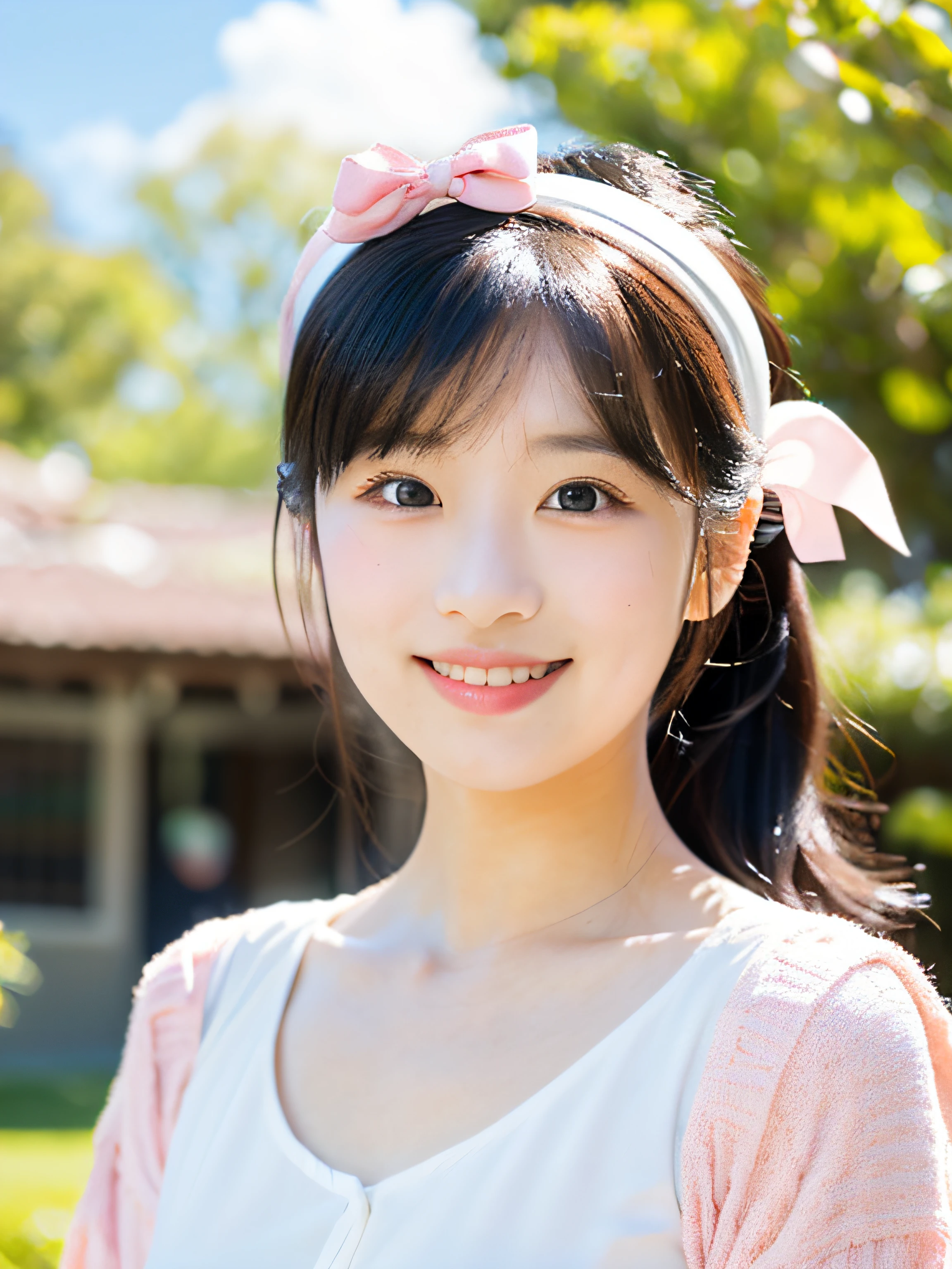 girl, Blue sky and white clouds, Happy, Happy, Reddish cheeks, Black hair, Wearing a pink bow headband, Perfect quality, Clear focus (clutter - home: 0.8), (masutepiece: 1.2) (Realistic: 1.2) (Bokeh) (Best Quality) (Detailed skin: 1.3) (Intricate details) (8K) (Detail Eyes) (Sharp Focus), (Happy)