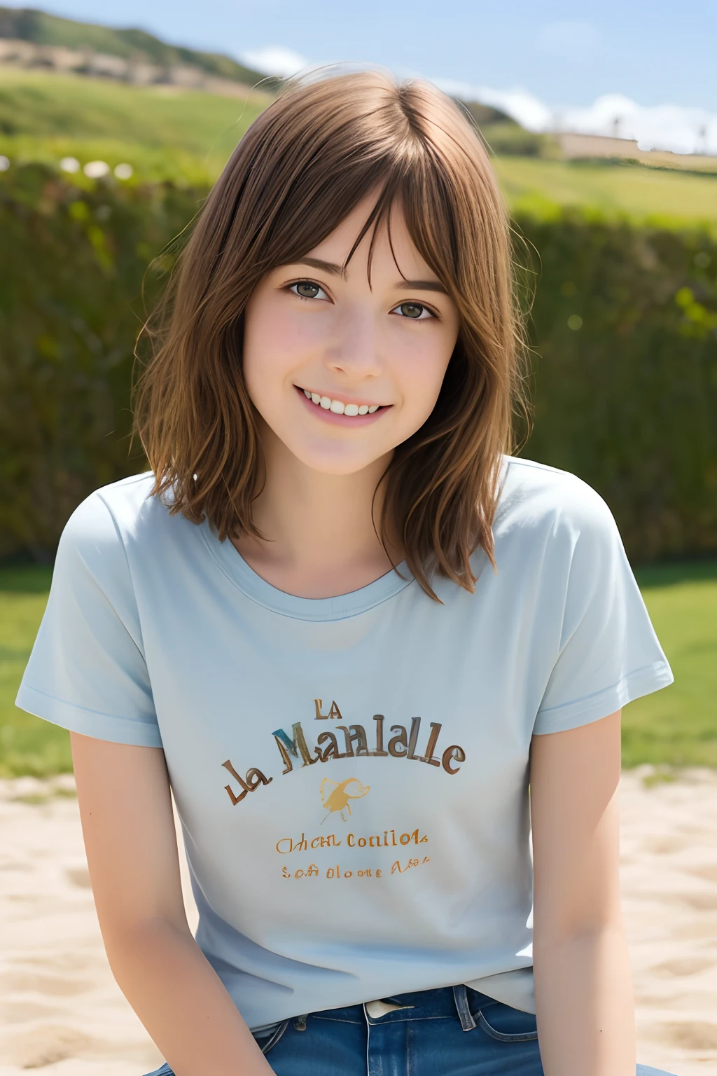 La mejor calidad, Chica Adolescente Max Caulfield ,brown hair , ,. ,Cabello largo ,, profundidad de campo,
, without smiling ,,, Camiseta blanca y jeans ,mirando al espectador, sit playa