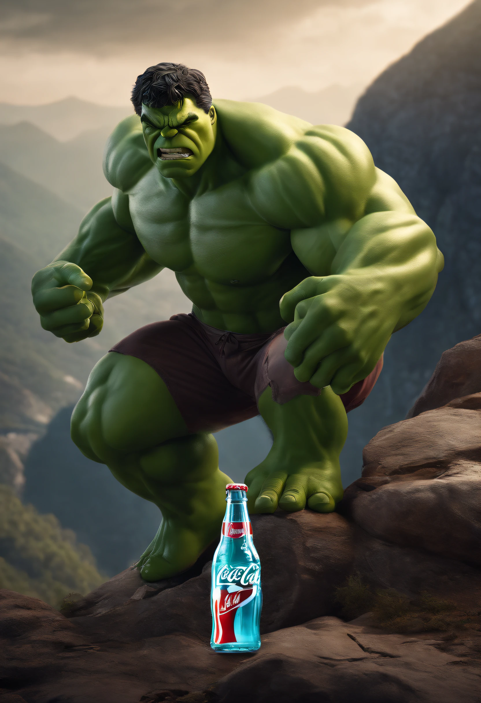 best quality,ultra-detailed,realistic,professional,Hulk on a mountain,Hulk with a scary angry face,a broken Coca-Cola bottle in Hulk's hand,a flattened Coca-Cola bottle under Hulk's feet,modern cinematic view,3D rendering,color harmony,light and shadow,gradient colors,reflections,metallic finish,shiny surface,sleek lines,unique shape,bold and dynamic,striking visual impact,high contrast,colorful composition,masterpiece