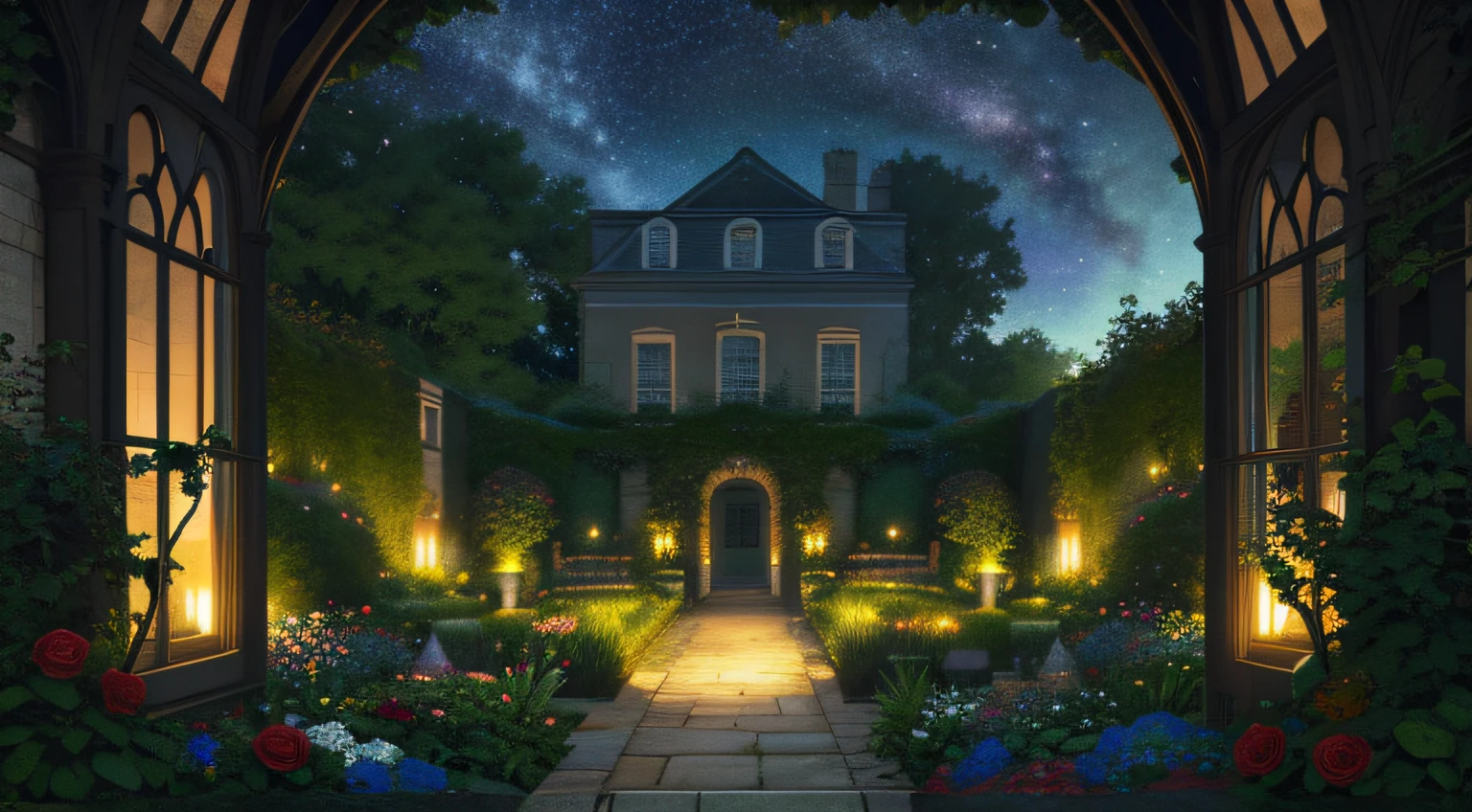 Secret garden, Lush big breasts, Floral, Rose, A plant, romanticism lain, Moody, space, stars, Starcloud，Just the scene，No Man,,,,Don't be human，