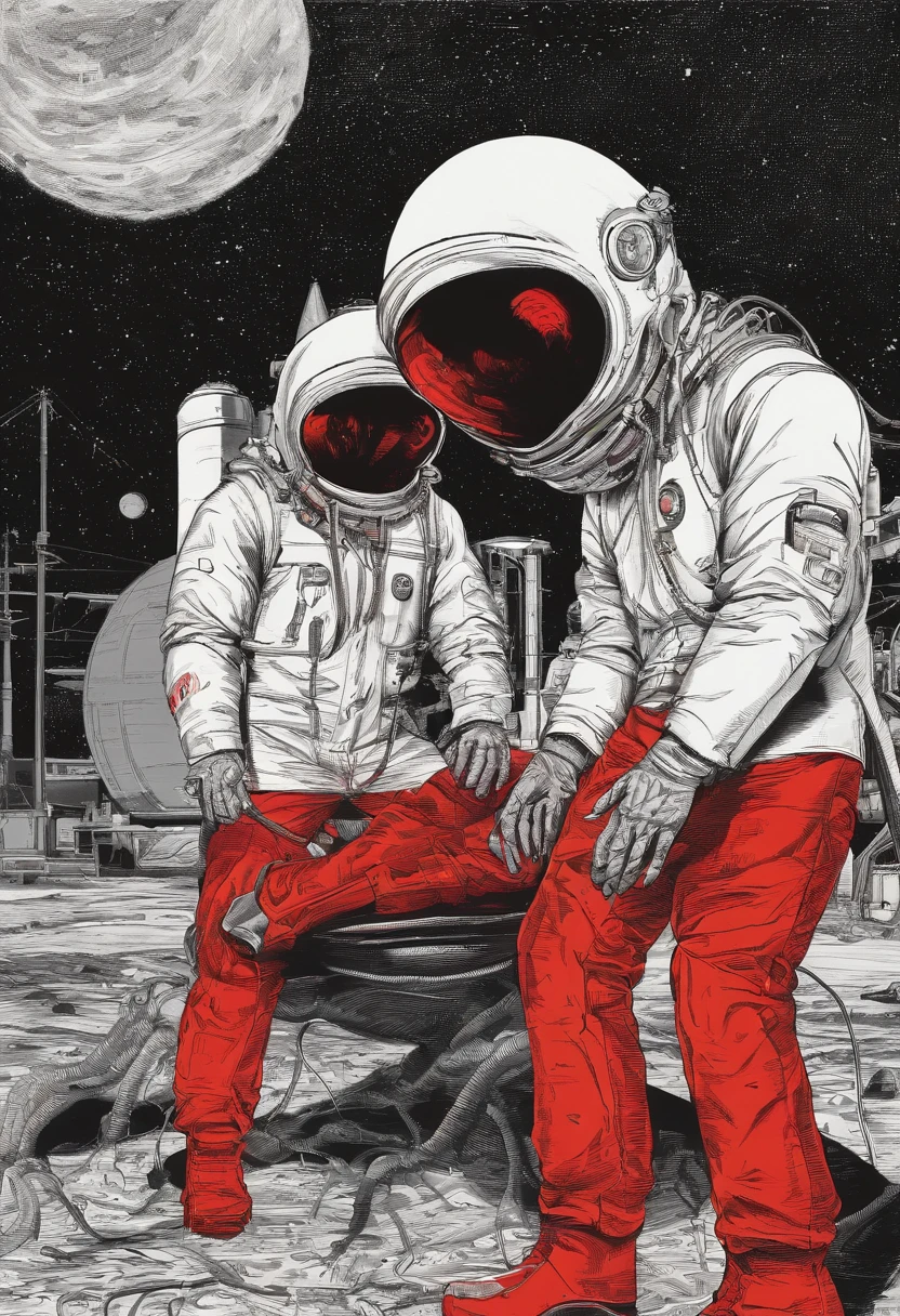 Scientists in science coats turn their backs to us,looking at the stars,hard core,Technologie,Red monochrome,USSR Poster,urss,Communism