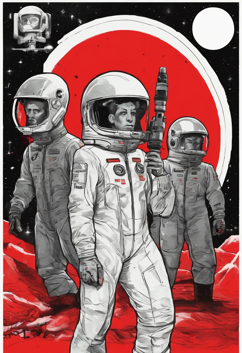 Scientists in science coats turn their backs to us,looking at the stars,hard core,Technologie,Red monochrome,USSR Poster,urss,Communism
