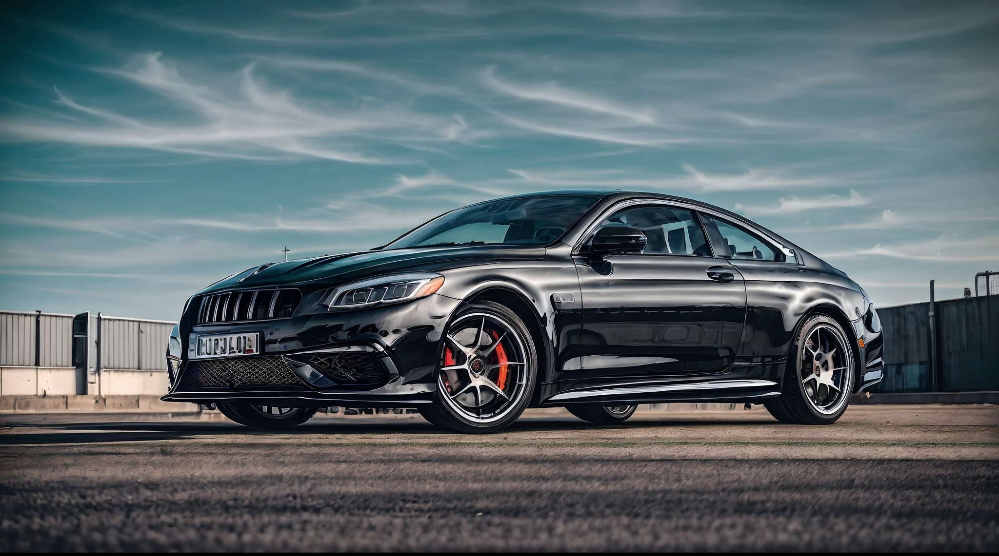 high qulity,Cinematic texture,automotive photography,commerciaphotography,hyper HD,A black Maybach S650 car on the lowered suspension,Park in a dark garage with silver rims, Silver rims, Bags, stance, with (Vintage striped vinyl:1.2) On its sides, Speed Hunter, DSLR photo, 35 mm photo, Low contrast, pastel colour, Cyberpunk mods, Additional auto parts on the side, Additional pipes pass through the car fenders