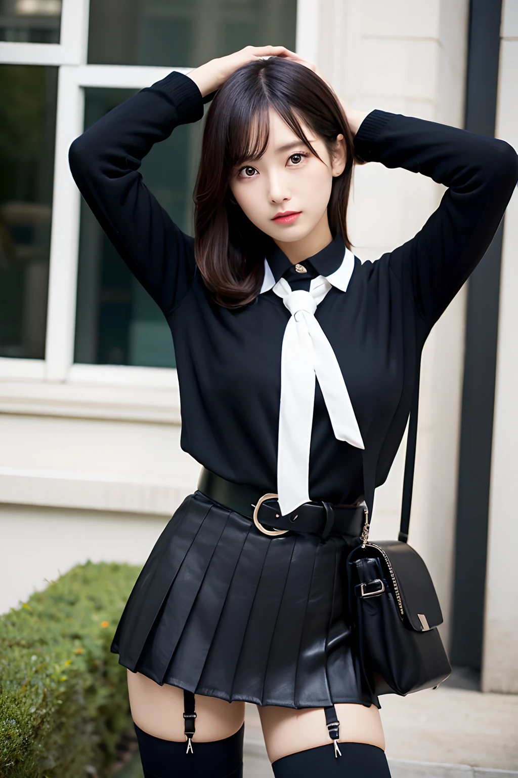 (masutepiece:1.2),High quality,vivd colour,flat-colors,Deep Depth Of Field,Lens Flare,1 girl,Black hair,eyecontact,Suit,Collared shirt,Belt bag,suspenders,Professional,Office Lady,Mature Women,Black mini skirt garterbelts knee high Stockings Black Niso Colorcon armpit sweat perspiring Side of both hands,Black jacket,Gaze,ample bosom,Armpit sweat,Exposing the armpits"Pichi Pichi clothes