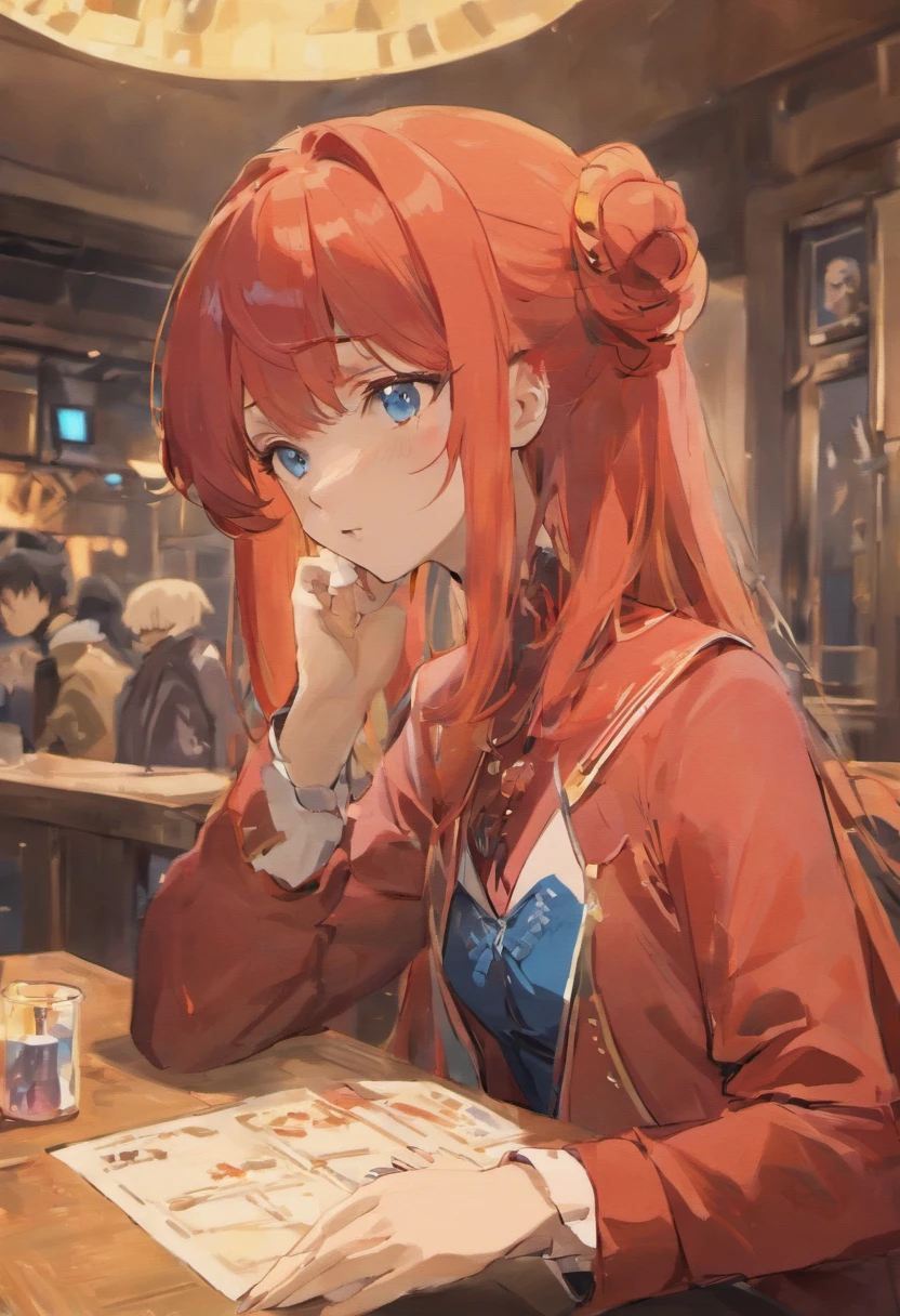 Anime character with red hair and blue eyes sitting at table, anime style 4 k, Anime style. 8K, red hoods, Stylized anime, High quality anime art style, anime stylized, anime style character, Anime Art Style, In anime style, 2 d anime style, epic anime style, anime art style, anime style illustration