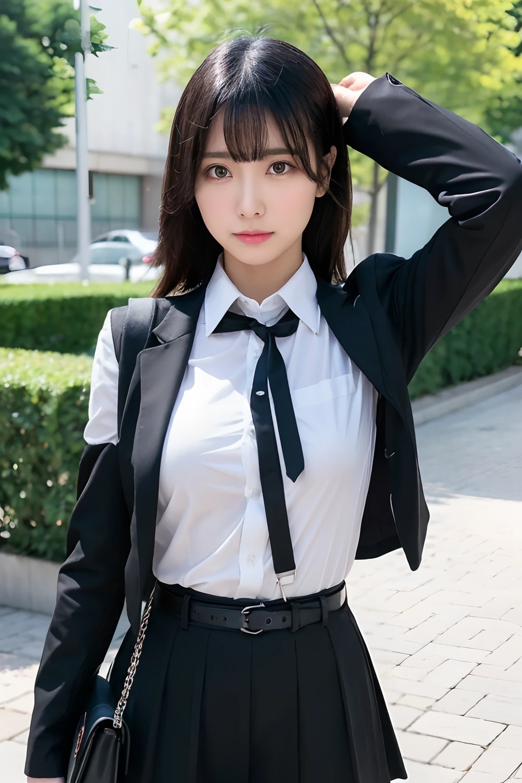 (masutepiece:1.2),High quality,vivd colour,flat-colors,Deep Depth Of Field,Lens Flare,1 girl,Black hair,eyecontact,Suit,Collared shirt,Belt bag,suspenders,Professional,Office Lady,Mature Women,Black mini skirt　garterbelts　knee high　Stockings　Black Niso　Colorcon armpit sweat　perspiring　Side of both hands,Black jacket,Gaze,ample bosom,Armpit sweat,Exposing the armpits"Pichi Pichi clothes