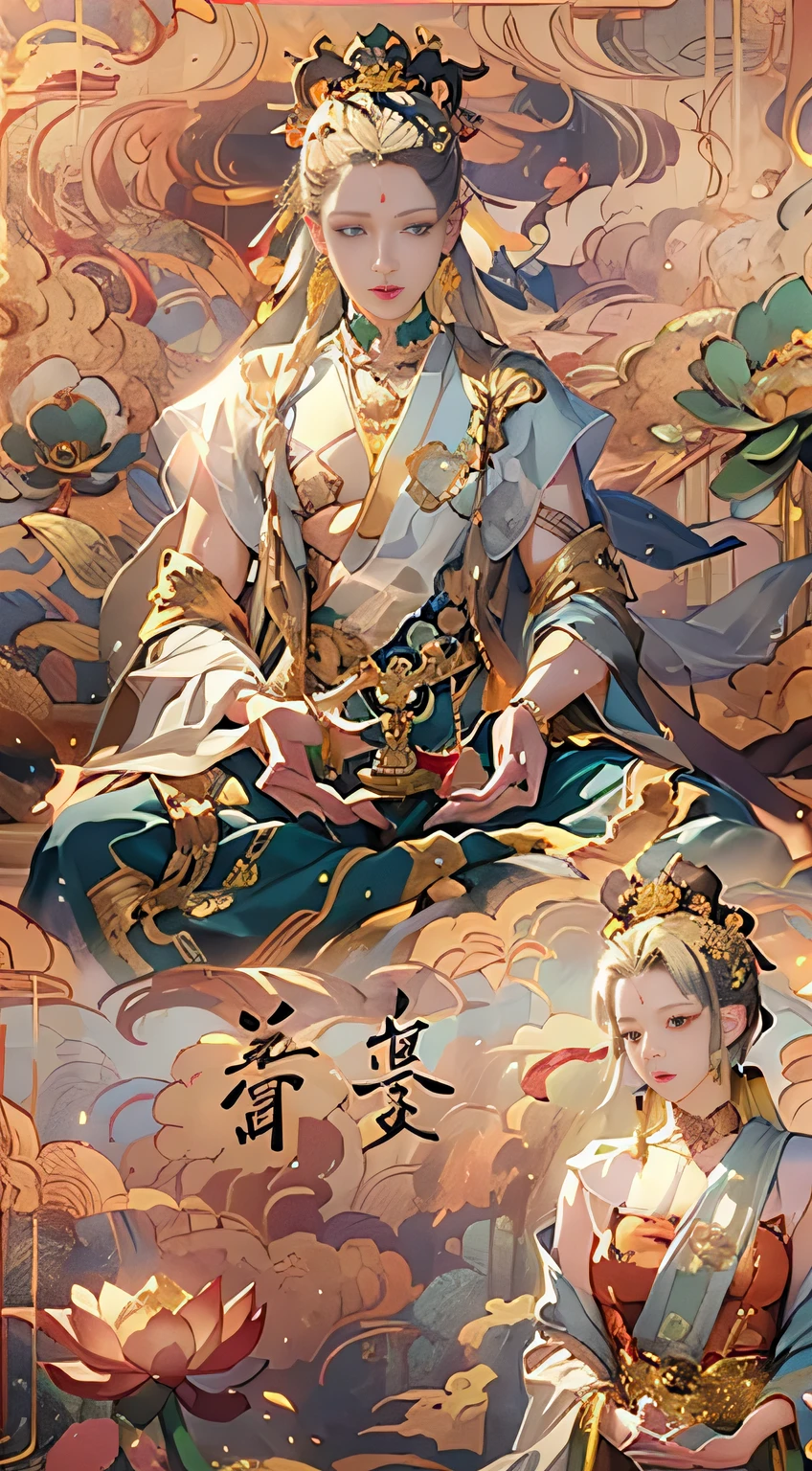 (Chinese immortals), (Buddhism), Multip_Hands,(mythological stories), (bodhisattva), Nemu(mtu)sitting on a lotus flower, (Three hands on the left,Three hands on the right, Each hand holds a different Buddhist vessel, left right symmetry),(Delicate and beautiful face), (White silk robe)sitting on a lotus flower, Frontal photo,Light smile, neo-classical, OP Art, Chiaroscuro, Cinematic lighting, god light, Ray tracing, character sheets, projected inset, first person perspective, hyper HD, Masterpiece, ccurate, Textured skin, Super detail, High details, High quality, Award-Awarded, Best quality, A high resolution, 8K