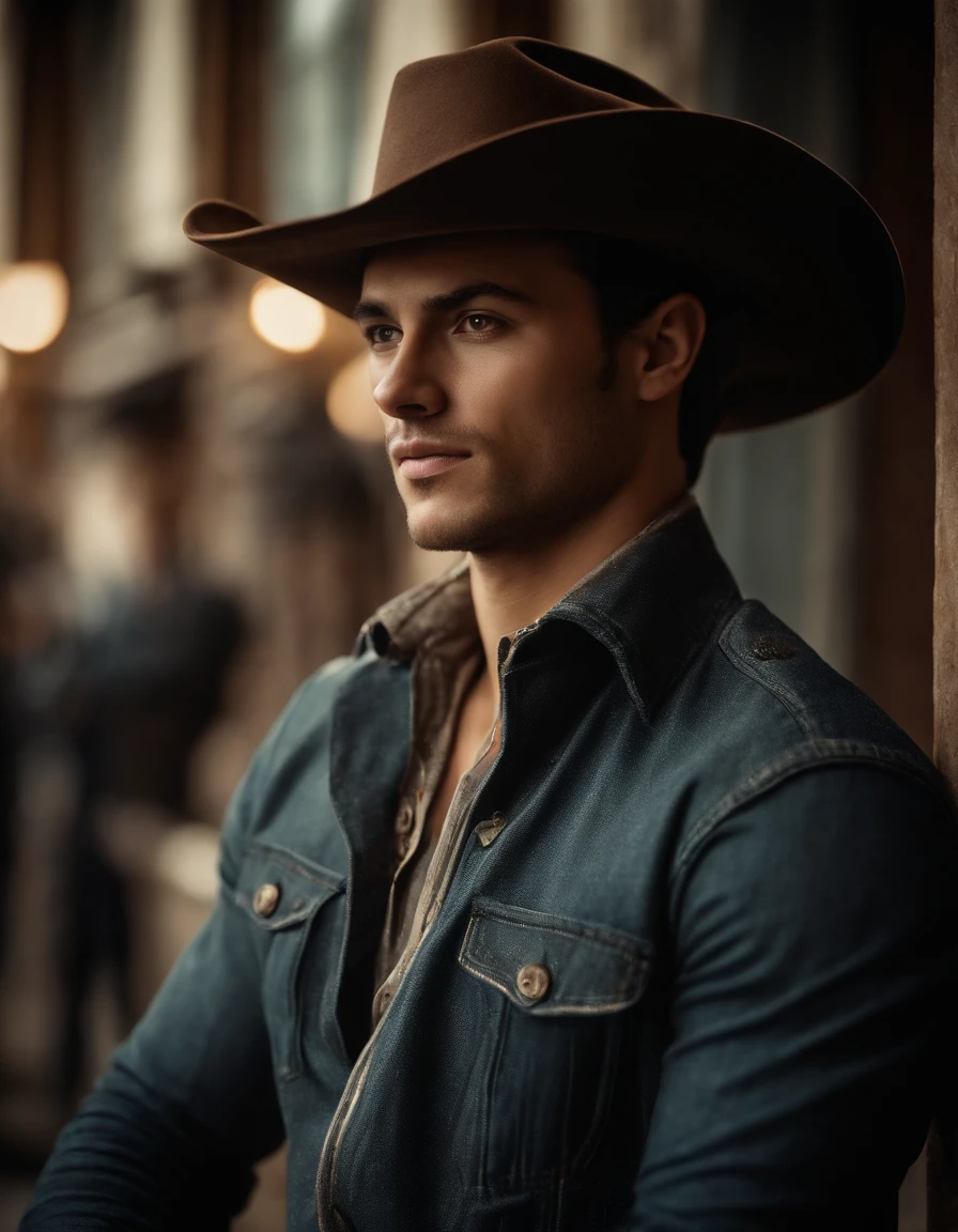 cinematic portrait, ((upper-body)), face facing audience, (Reality :1.3), The most beautiful photo in the world, Young guy looking at the camera, Vintage denim outfits, Cowboy Western, detailed beautiful face, action shot, (Intricate :1.4), Western Background, The photo is realistic, during daytime, computer graphics, Art Stand