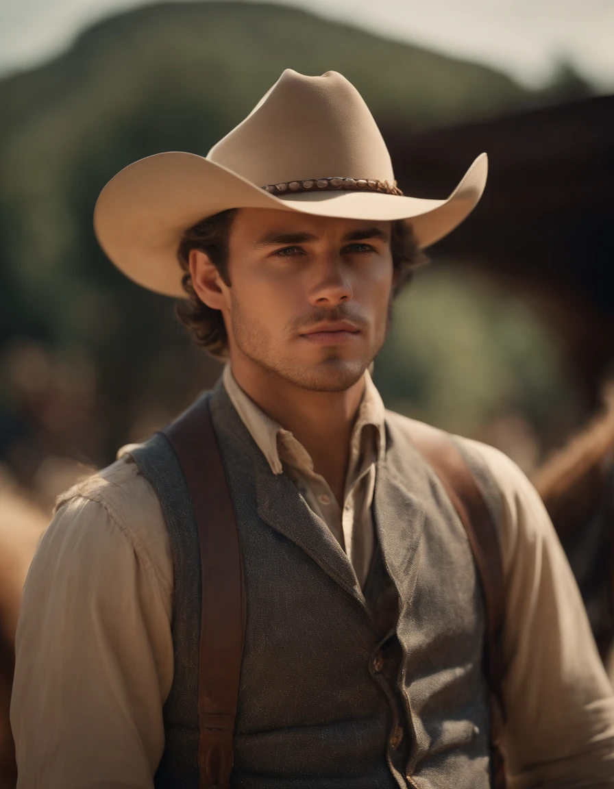 cinematic portrait, ((upper-body)), face facing audience, (Reality :1.3), The most beautiful photo in the world, Young guy looking at the camera, Vintage denim outfits, Cowboy Western, detailed beautiful face, action shot, (Intricate :1.4), Western Background, The photo is realistic, during daytime, computer graphics, Art Stand