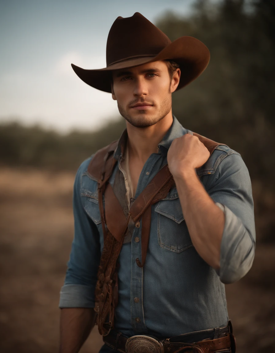 cinematic portrait, ((upper-body)), face facing audience, (Reality :1.3), The most beautiful photo in the world, Young guy looking at the camera, Vintage denim outfits, Cowboy Western, detailed beautiful face, action shot, (Intricate :1.4), Western Background, The photo is realistic, during daytime, computer graphics, Art Stand
