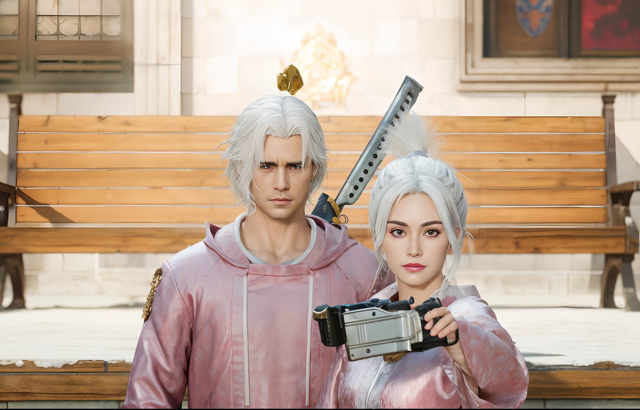 there are two people that are standing next to each other, medium shot of two characters, photorealistic content, realistic shot, hyper realistic content, holding ego weapons, 3rd-person camera!, blinding white hair, highly detailed characters, couple pose, realistic content, realistic scene, [ 4 k photorealism ], white hair, crazy white hair, high quality realistic