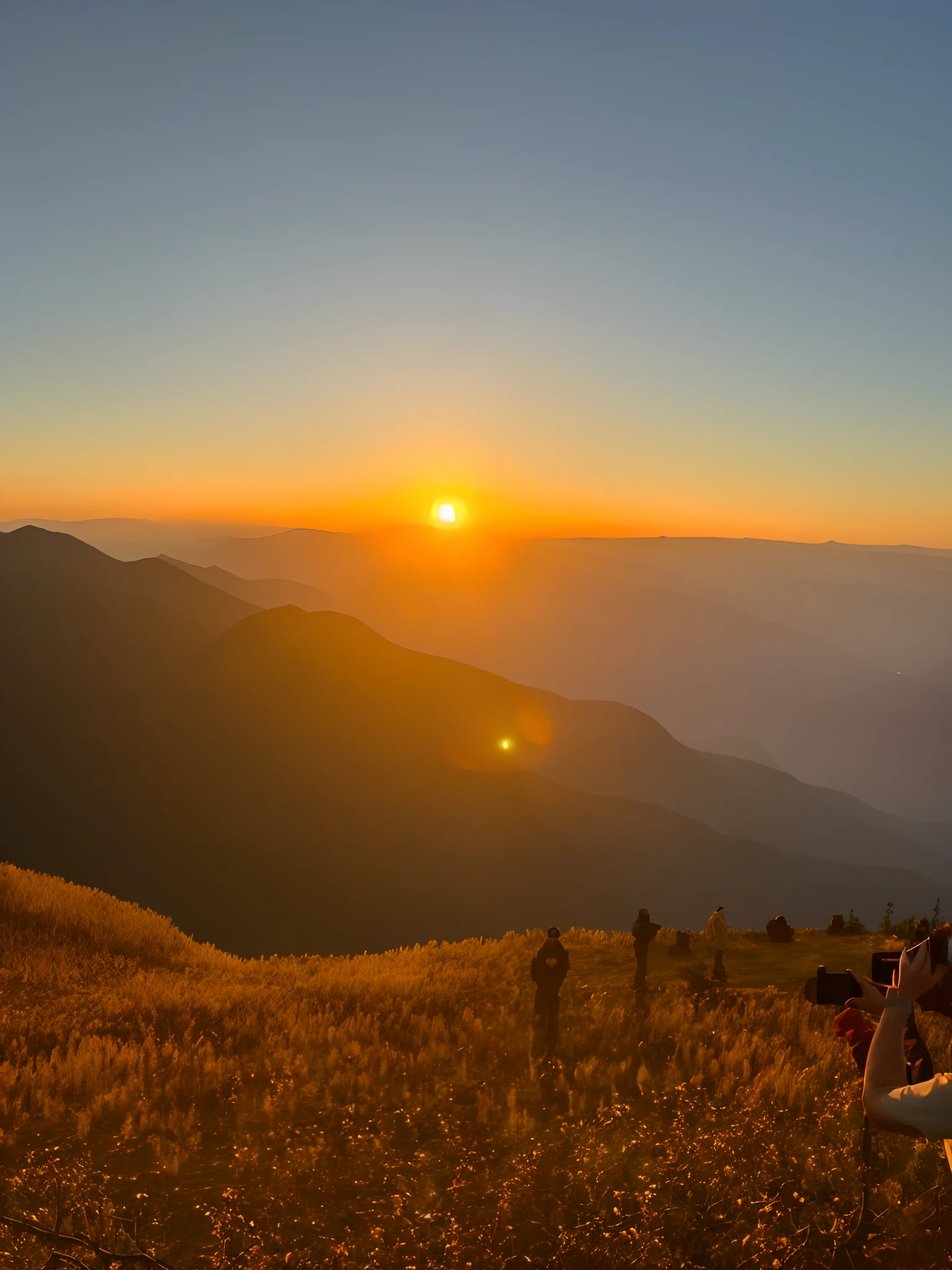 There is a man taking a picture of the sun setting on the mountain, during sunrise, Sunset view, With sunset, late sunset, Sunset atmosphere, sun rises between two mountains, sunset photo at golden hour, late sunset, golden hour time, at a beautiful sunset, sunset in a valley, mountains and sunset!!, at the sunset, At sunrise