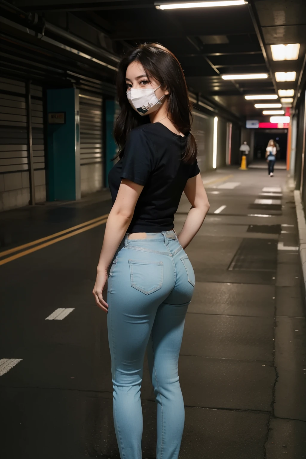 Beautiful woman in skinny jeans,tee shirt,Plump buttocks,The back is charming,wearing face mask,In the underground garage,Full body photo,Stand in the corner