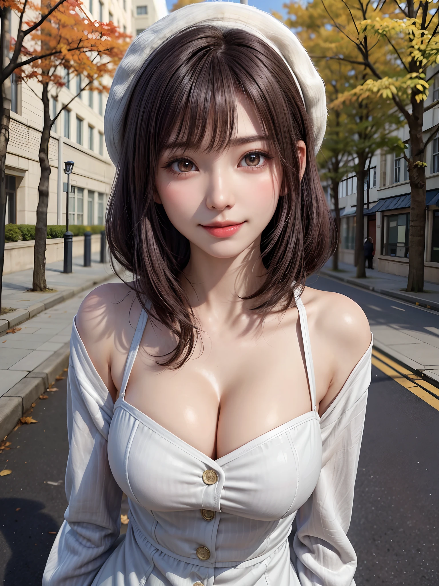 (masutepiece:1.4, top-quality:1.4、Add intense highlights to the eyes:1.4、Lustrous hair:1.4 ),1girl in, 独奏, A dark-haired, scarf, Hats,, realisitic, looking at the viewers, black eyes of light color, shorth hair, coat, Winter clothes, White headscarf, s lips, lipgloss:1.4，bangss,,a closed mouth, The upper part of the body、big eye、Lashes、((Street))、((Shorthair with bangs、big eye、Put very strong highlights in your students、{Gigantic|Big|Huge|Mega} breasts, cleavage、very Bigger breasts、gazing at viewer、Very beautiful beauty、Put your ears out、long neck、little smiling、Close your mouth and smile)))、Beautiful adult woman full of charm:1.4、(Autumn leaves are blue without people or cars々tree-lined street)