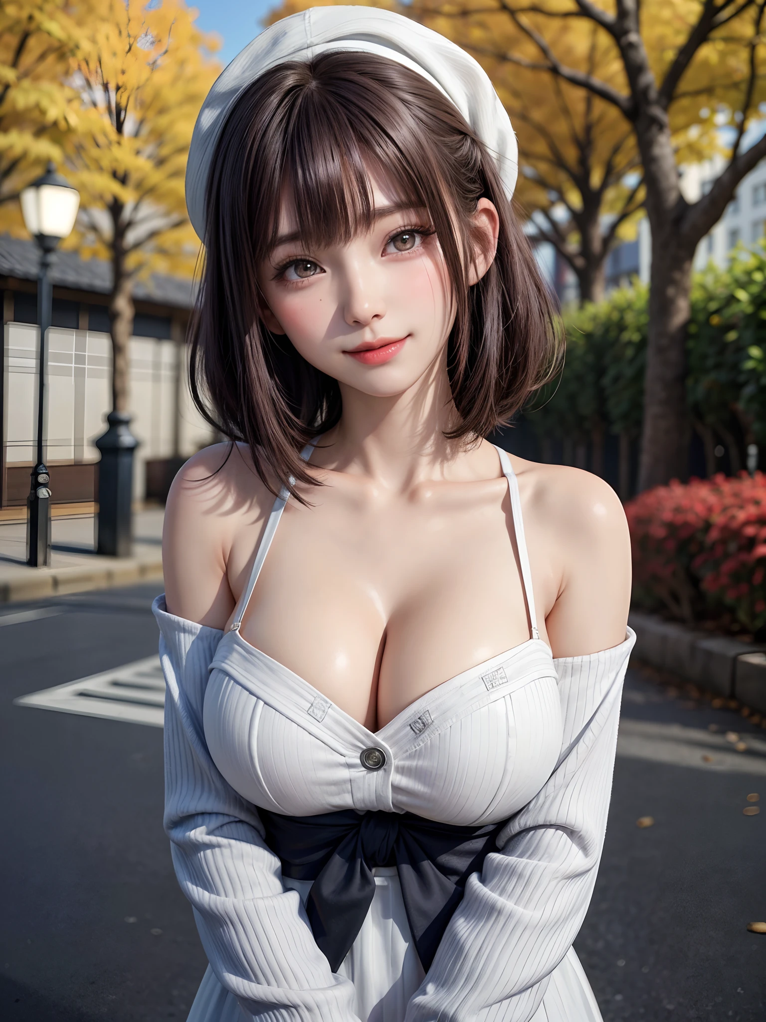 (masutepiece:1.4, top-quality:1.4、Add intense highlights to the eyes:1.4、Lustrous hair:1.4 ),1girl in, 独奏, A dark-haired, scarf, Hats,, realisitic, looking at the viewers, black eyes of light color, shorth hair, coat, Winter clothes, White headscarf, s lips, lipgloss:1.4,bangss,,a closed mouth, The upper part of the body、big eye、Lashes、((Street))、((Shorthair with bangs、big eye、Put very strong highlights in your students、{Gigantic|Big|Huge|Mega} breasts, cleavage、very Bigger breasts、gazing at viewer、Very beautiful beauty、Put your ears out、long neck、little smiling、Close your mouth and smile)))、Beautiful adult woman full of charm:1.4、(Autumn leaves are blue without people or cars々tree-lined street)