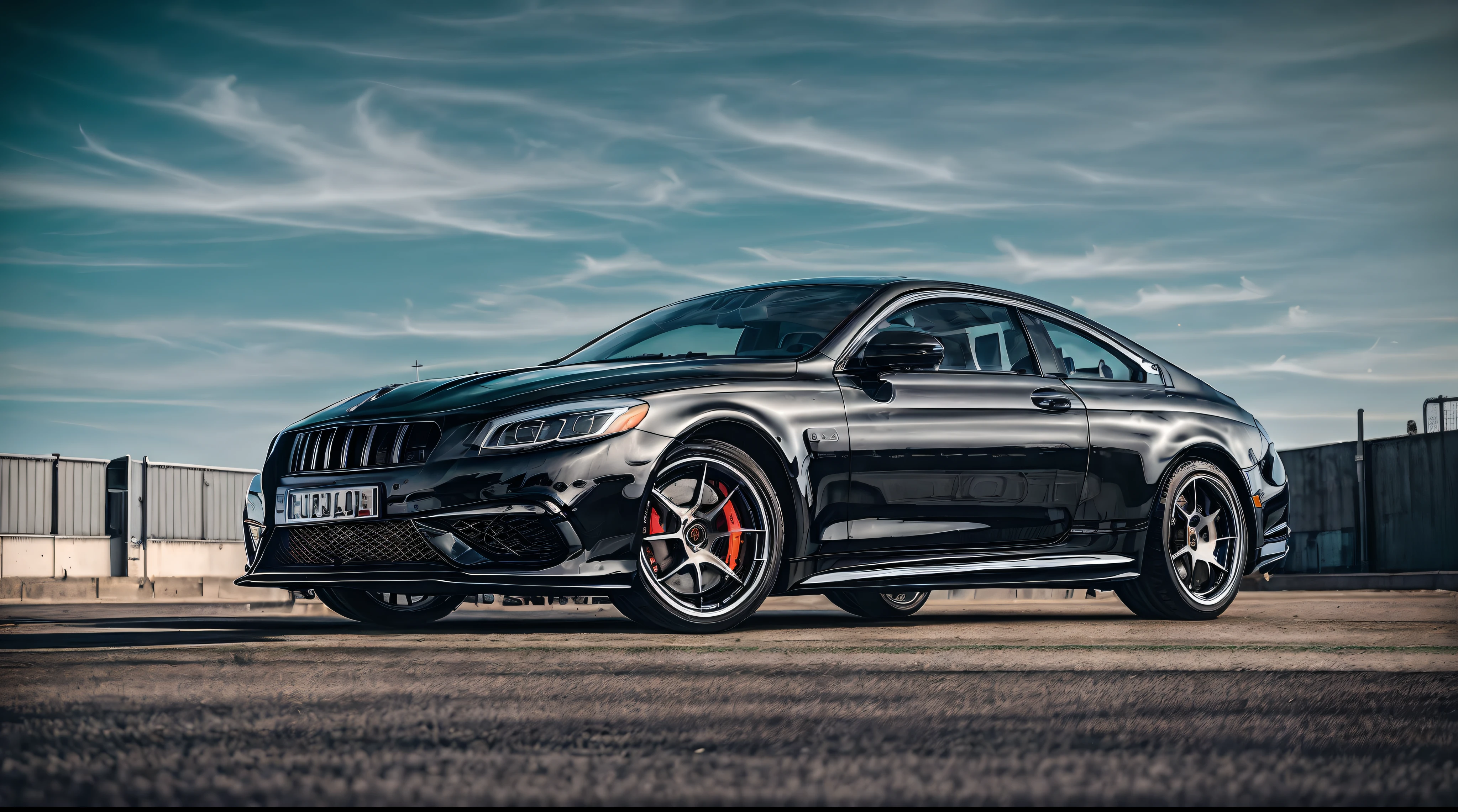 high qulity，Cinematic texture，automotive photography，commerciaphotography，hyper HD，A black Maybach S650 car on the lowered suspension，Park in a dark garage with silver rims, Silver rims, Bags, stance, with (Vintage striped vinyl:1.2) On its sides, Speed Hunter, DSLR photo, 35 mm photo, Low contrast, pastel colour, Cyberpunk mods, Additional auto parts on the side, Additional pipes pass through the car fenders