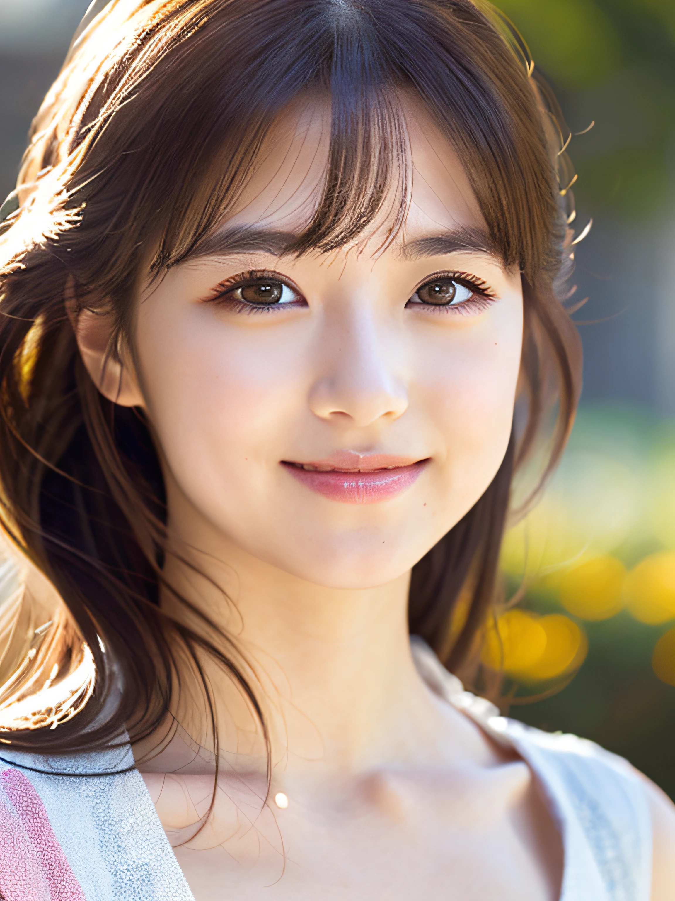 masutepiece, Best Quality, masutepiece, Godlike quality, Godlike art, Highly detailed face, Highly realistic, Cute, Young Girl, Smiling, Big eyes, long eyelashes, multicolored hair, multicolored eyes, Shiny skin, Full lips, Big lips, Shiny skin, Blushing, Magnificent view