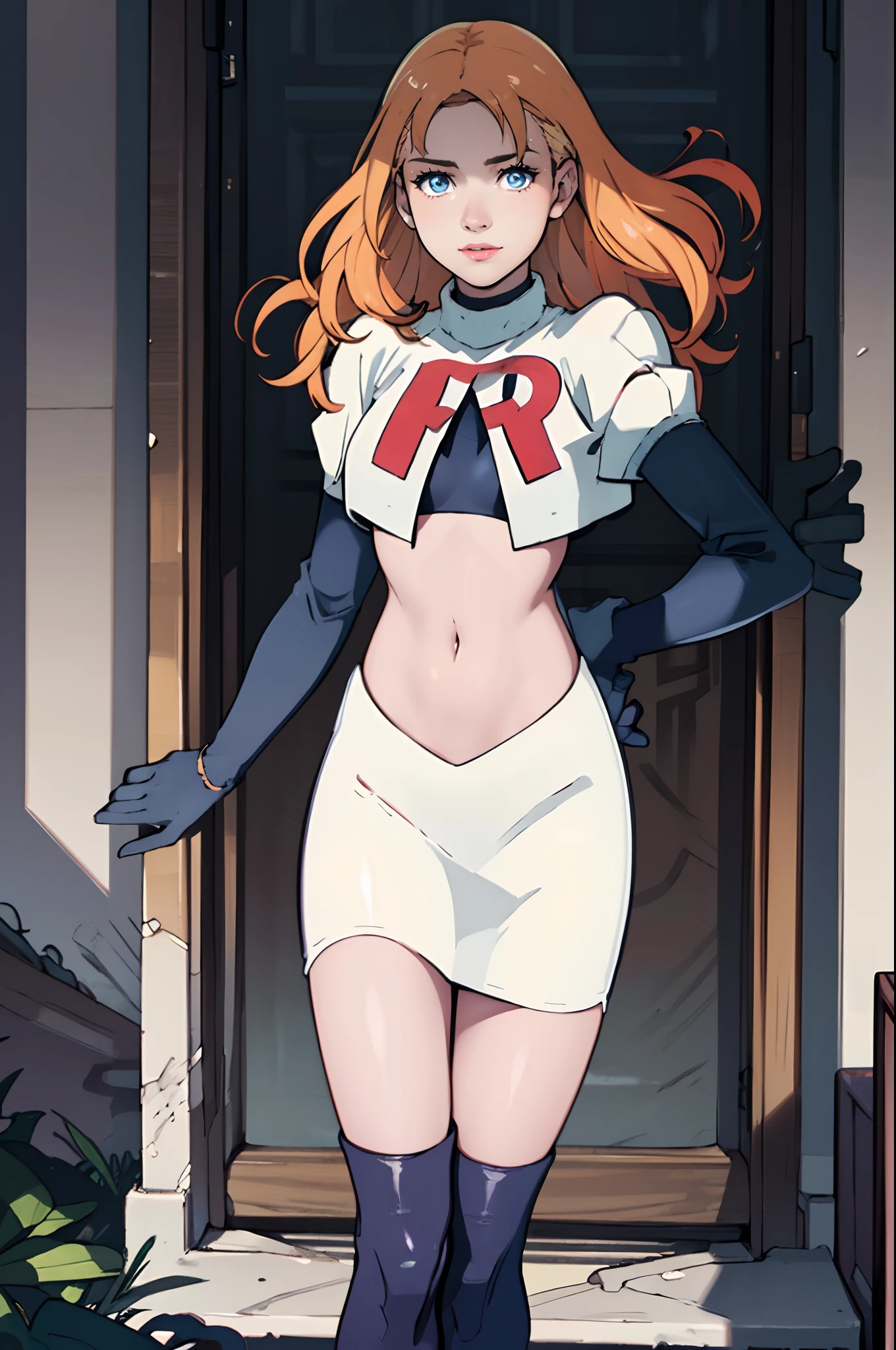 (ultra-detailed,vivid colors,realistic)
1girl,Annette with team rocket uniform,gentle smile,beautiful detailed eyes,beautiful detailed lips,longeyelashes,blonde hair flowing in the wind,red letter R on her uniform, white skirt,white crop top, black thigh-highs, black elbow gloves,brainwashing you with her enchanting voice, the sound of her voice resonates in your mind hypnotizing you into doing her bidding. The vibrant colors of the artwork bring Annette to life, showcasing every intricate detail in her appearance. The realistic portrayal captures the essence of her character, evoking a sense of awe and fascination. The painting is a masterpiece in itself, showcasing the artist's exceptional skills in creating ultra-detailed and photorealistic images. The lighting in the scene accentuates Annette's features, casting gentle shadows and adding depth to the overall composition. The vivid colors enhance the visual impact of the artwork, immersing the viewer in a world where Annette's presence is truly captivating.