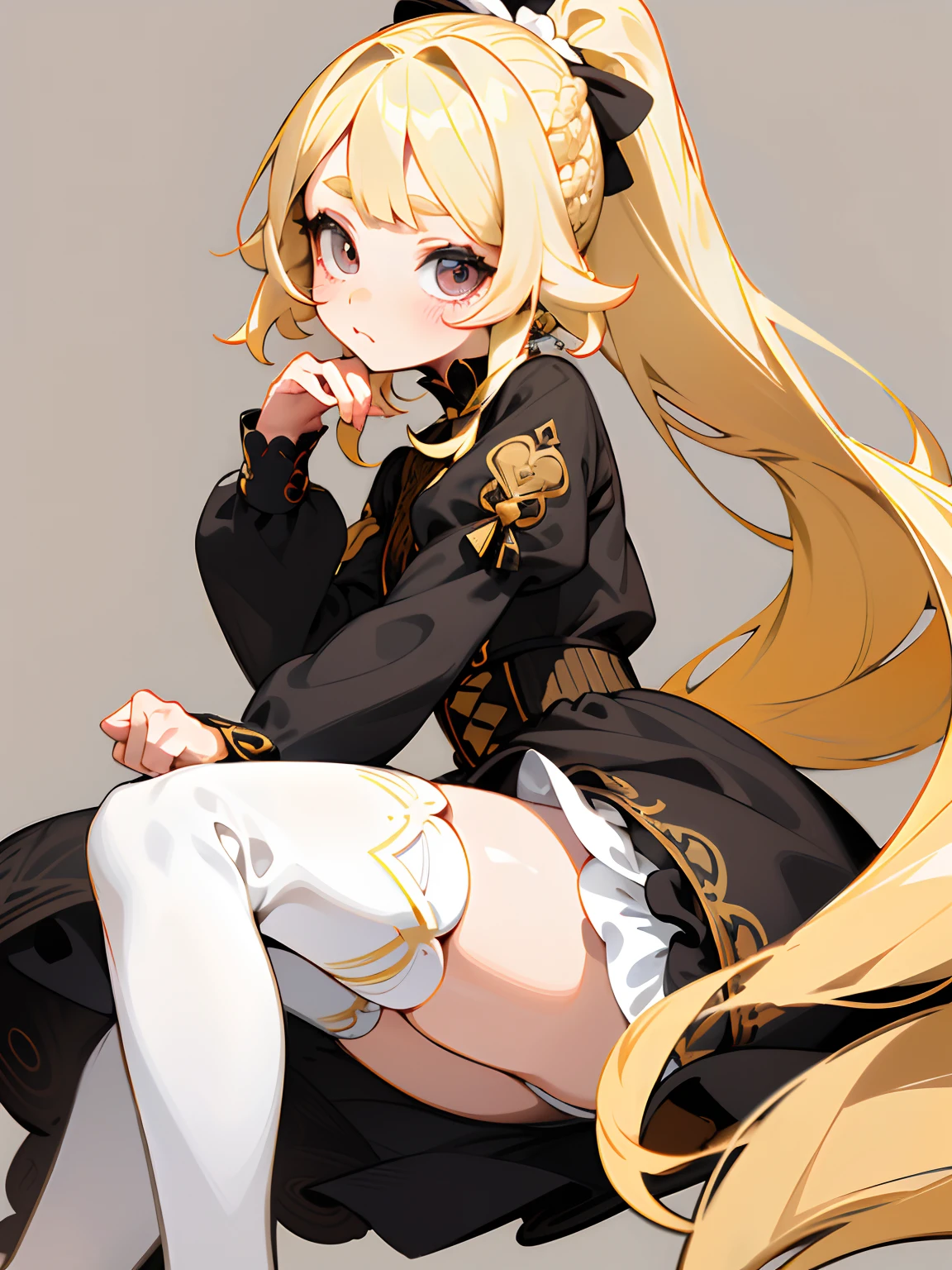 1GIRL, cute girl, finely detailed, (best quality), (intricate details), cute style, li, multicolored, ((long blonde hair in long ponytail)), best quality, ((short puffy long sleeve dress)), ((black dress)), ((white thigh high socks)), ((round eyes)), beautiful face, cute face, pinup, perfect face, simple background
