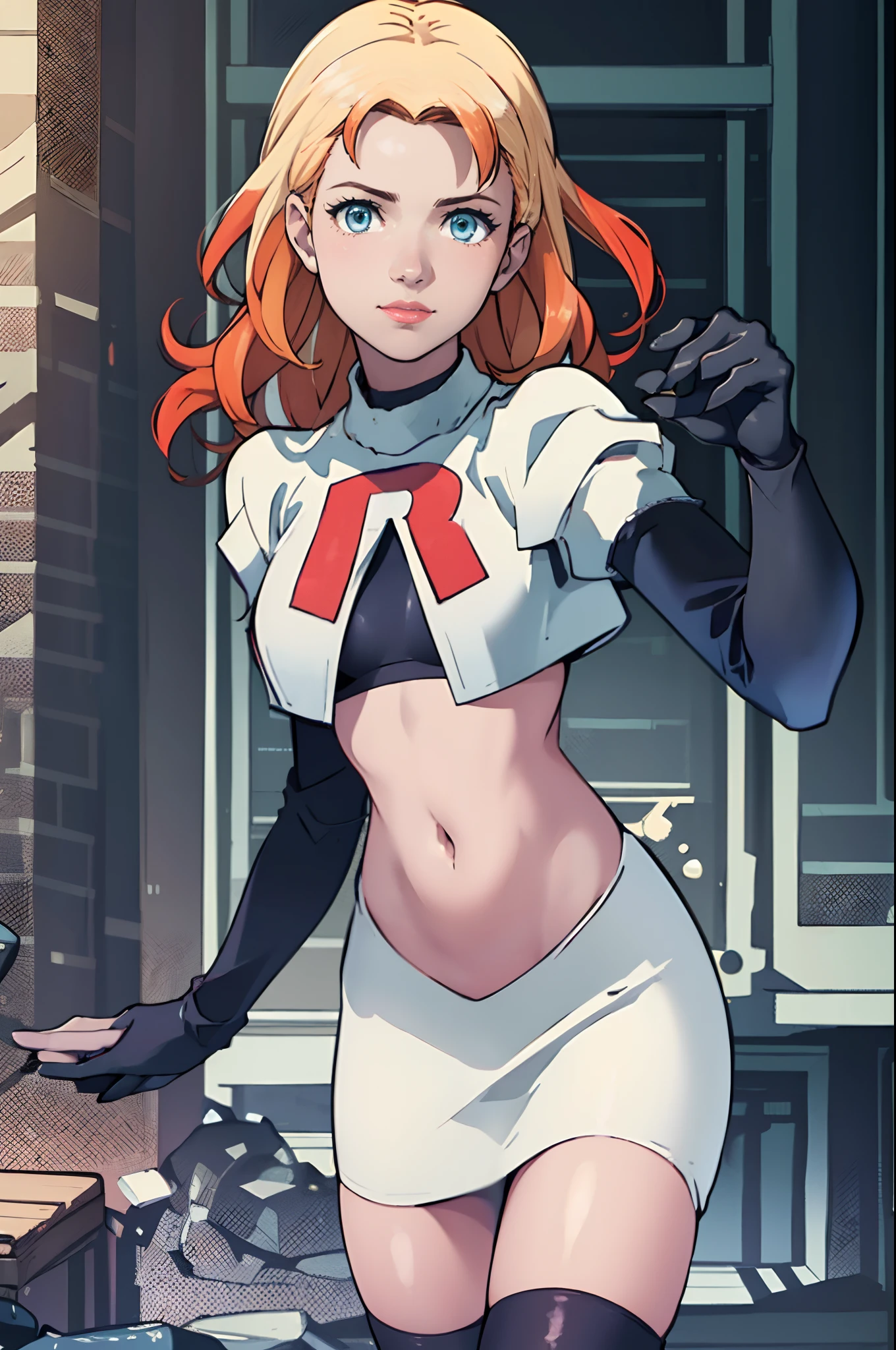 (ultra-detailed,vivid colors,realistic)
1girl,Annette with team rocket uniform,gentle smile,beautiful detailed eyes,beautiful detailed lips,longeyelashes,blonde hair flowing in the wind,red letter R on her uniform, white skirt,white crop top, black thigh-highs, black elbow gloves,brainwashing you with her enchanting voice, the sound of her voice resonates in your mind hypnotizing you into doing her bidding. The vibrant colors of the artwork bring Annette to life, showcasing every intricate detail in her appearance. The realistic portrayal captures the essence of her character, evoking a sense of awe and fascination. The painting is a masterpiece in itself, showcasing the artist's exceptional skills in creating ultra-detailed and photorealistic images. The lighting in the scene accentuates Annette's features, casting gentle shadows and adding depth to the overall composition. The vivid colors enhance the visual impact of the artwork, immersing the viewer in a world where Annette's presence is truly captivating.
