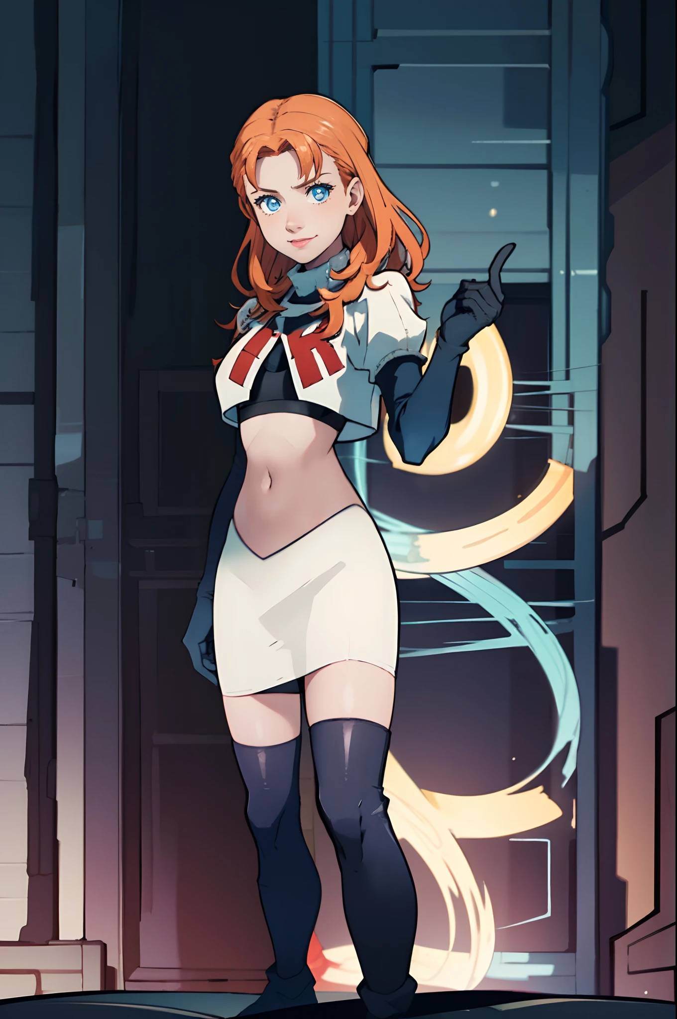 Annette_war's face with a confident and evil smile; she is a beautiful girl with blue eyes, lipstick, long hair, orange hair, She is dressed in a white skirt and a white crop top with a red letter "R" , paired with black thigh-highs and black elbow gloves. On the stage, she stands with a microphone in hand, ready to perform. The crowd eagerly awaits her performance, their anticipation filling the air. As she sings, her voice fills the room, captivating the audience. In the background, the iconic red letter "R" of Team Rocket stands out, representing her affiliation with the group. Annette_war exudes confidence and power, demonstrating her prowess as a member of Team Rocket. The scene is illuminated with vibrant stage lights, adding to the dynamic energy of the performance. The atmosphere is intense and electrifying, transporting the viewers into the captivating world of music and mischief. In this high-quality artwork, the details of Annette_war's face, the stage, and the crowd are ultra-detailed, bringing the image to life. The colors are vivid, creating a visually stunning masterpiece that captures the essence of Annette_war's ,team rocket uniform,white jacket, white skirt, black thighhigh boots, midriff, black elbow gloves, annette_war