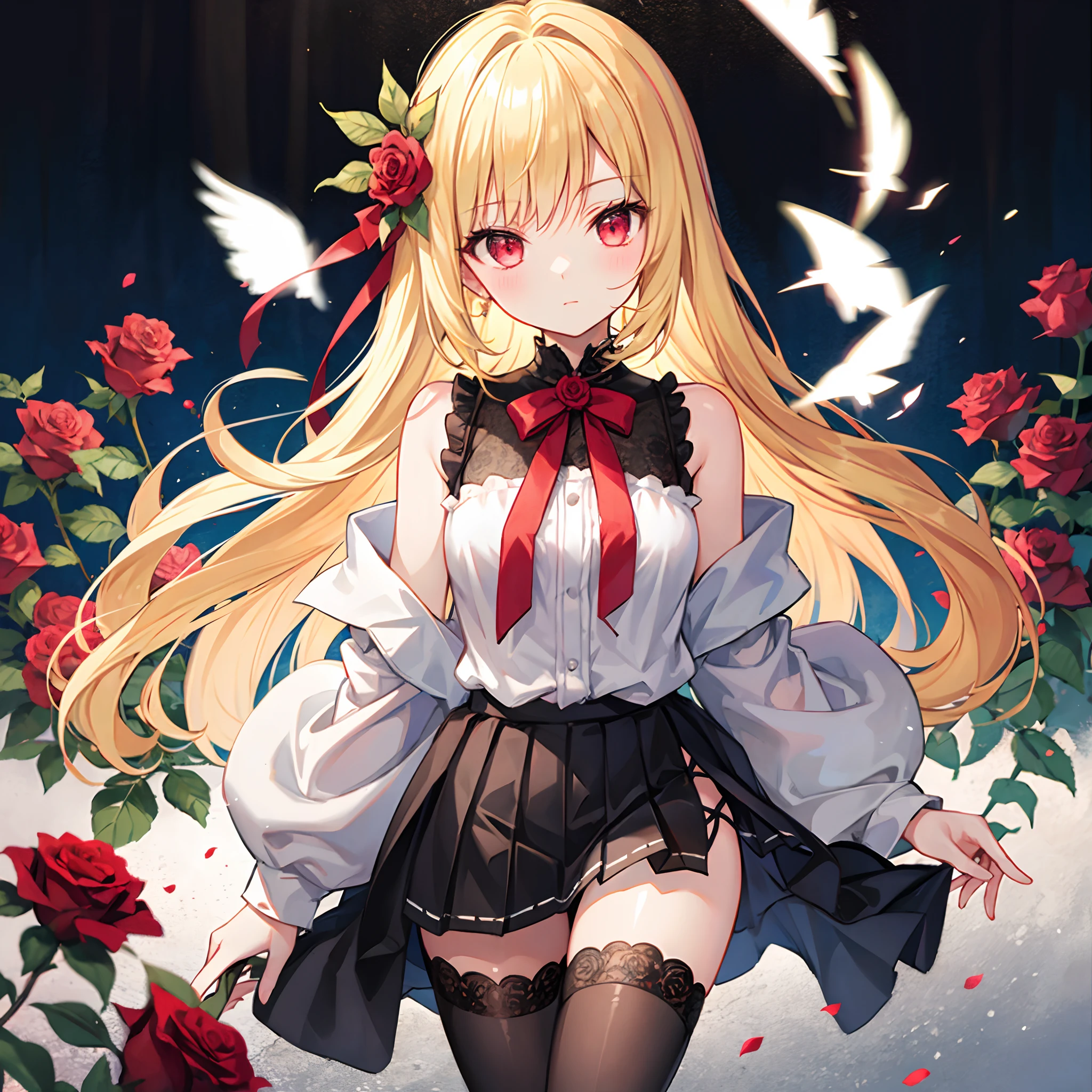Blonde and red-eyed girl、Fluffy clothes、Surrounded by roses、a miniskirt、Black tights、off shoulders