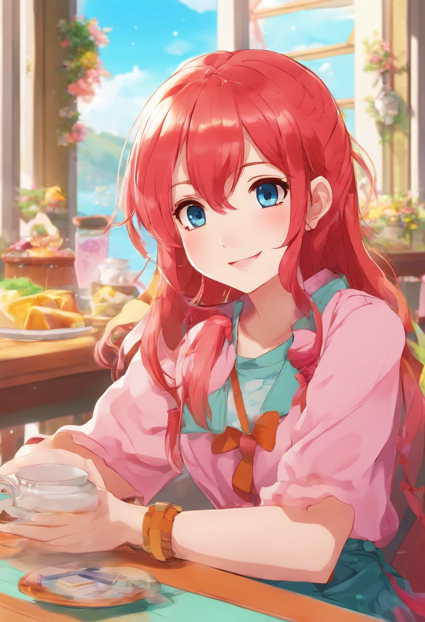 Anime character with red hair and blue eyes sitting at table, anime style 4 k, Anime style. 8K, red hoods, Stylized anime, High quality anime art style, anime stylized, anime style character, Anime Art Style, In anime style, 2 d anime style, epic anime style, anime art style, anime style illustration