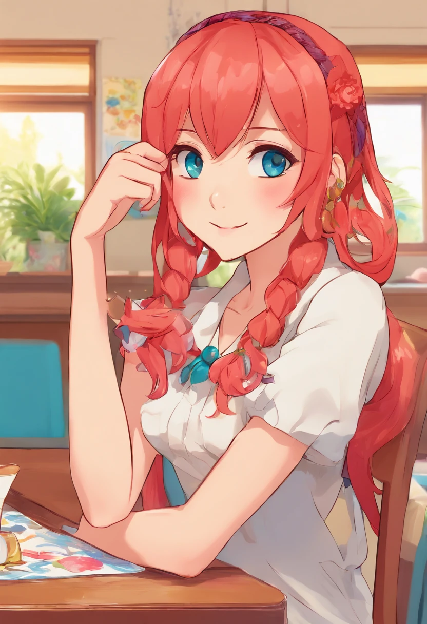 Anime character with red hair and blue eyes sitting at table, anime style 4 k, Anime style. 8K, red hoods, Stylized anime, High quality anime art style, anime stylized, anime style character, Anime Art Style, In anime style, 2 d anime style, epic anime style, anime art style, anime style illustration